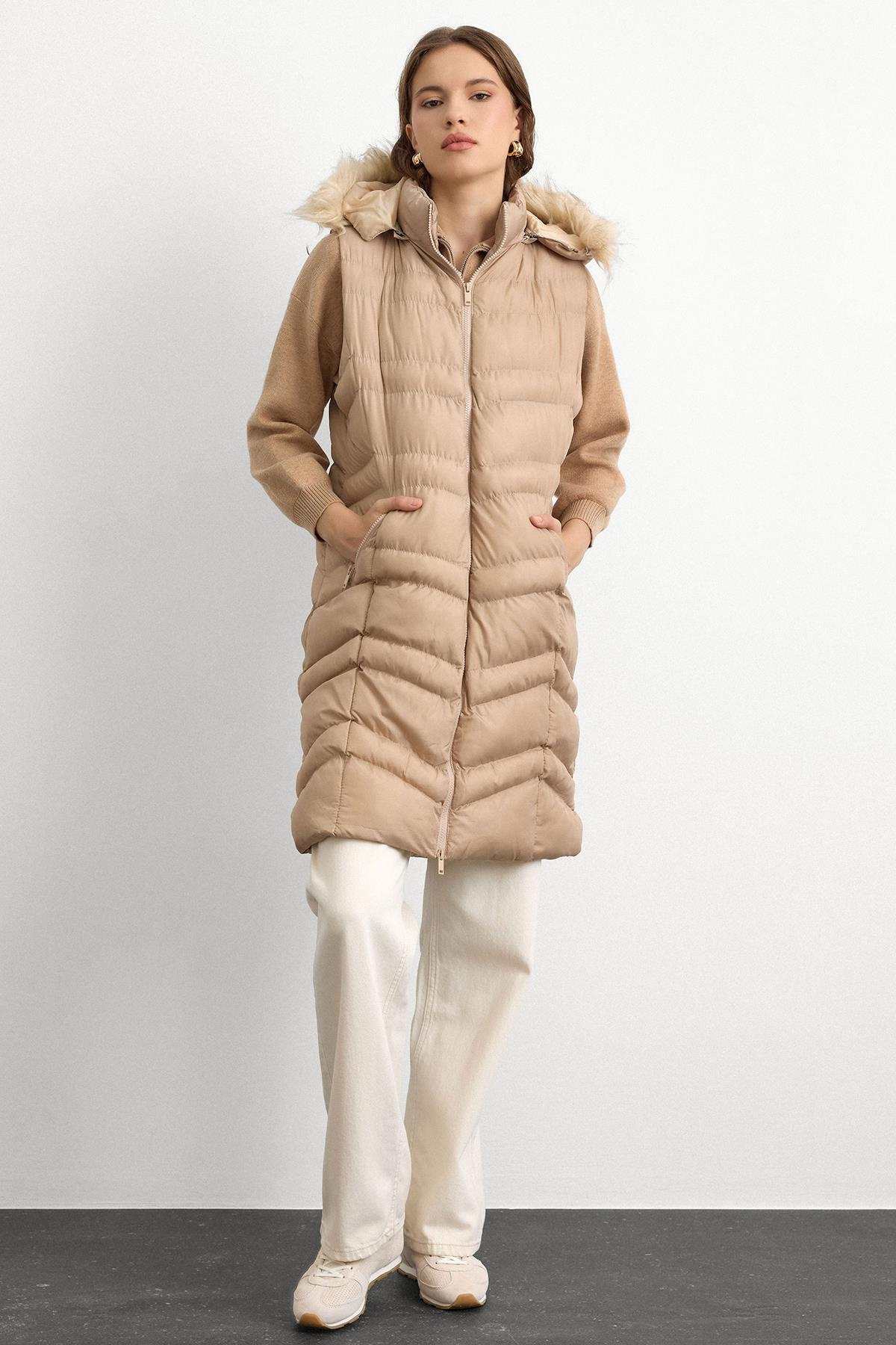 Furry Removable Hooded Puffer Vest STONE 8192