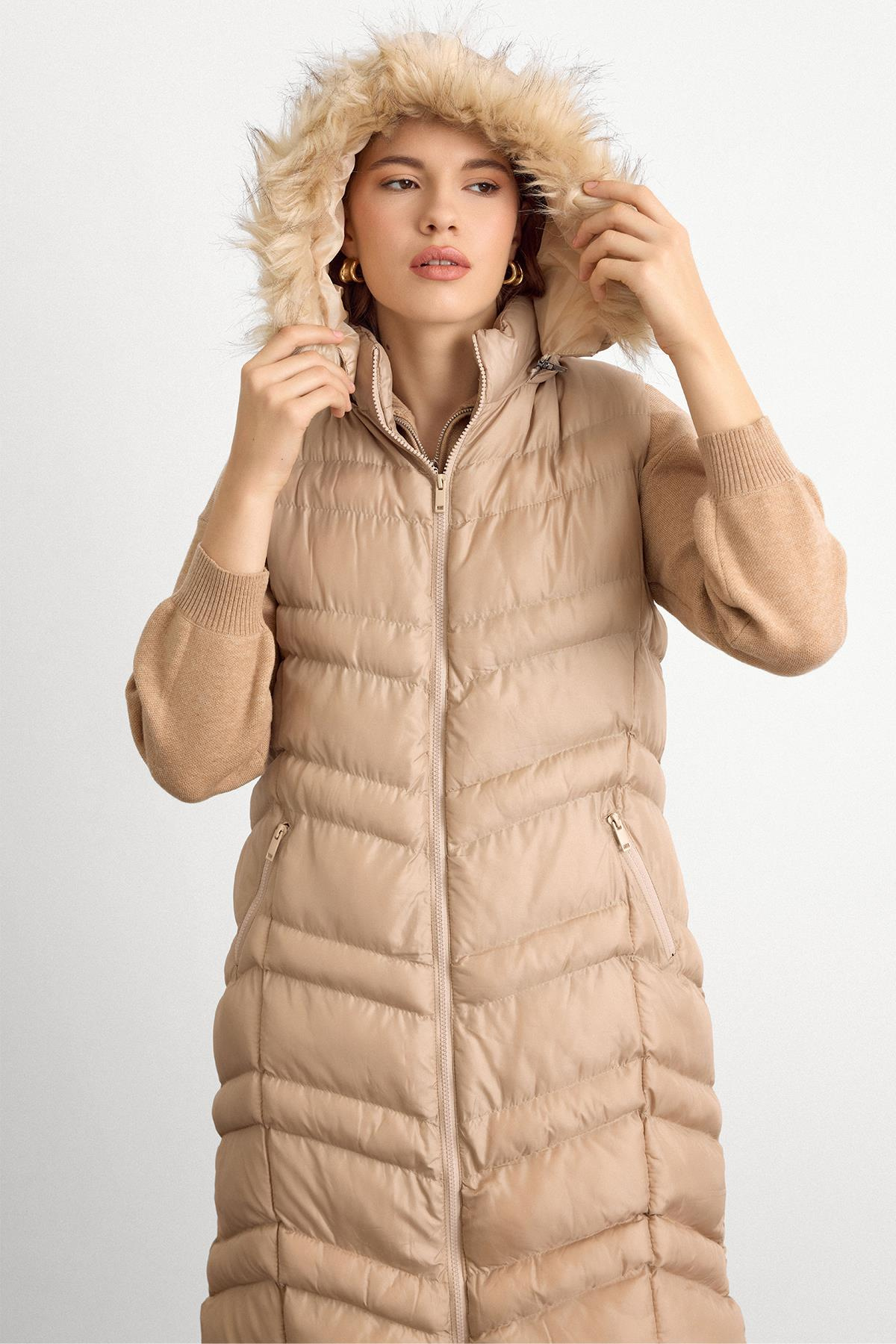 Furry Removable Hooded Puffer Vest STONE 8192