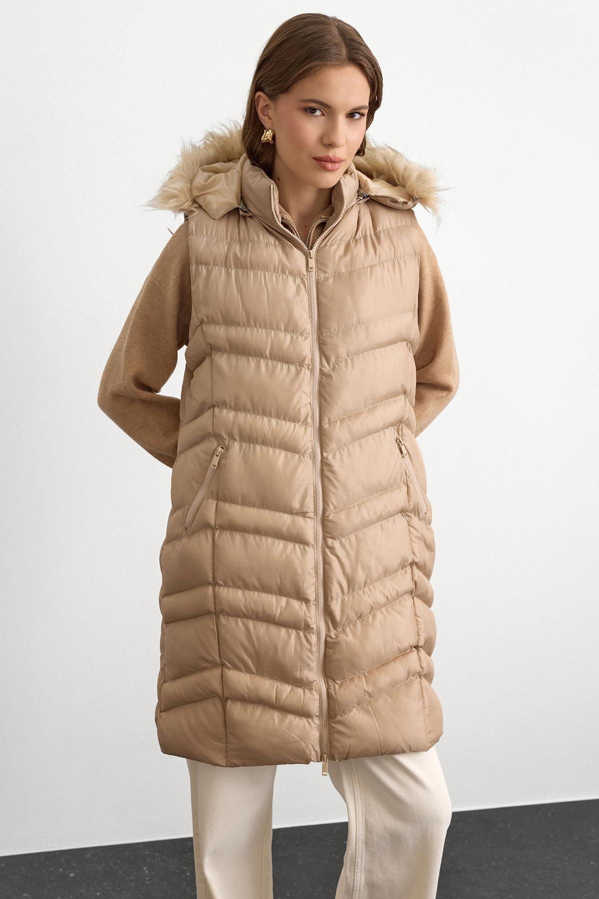 Furry Removable Hooded Puffer Vest STONE 8192