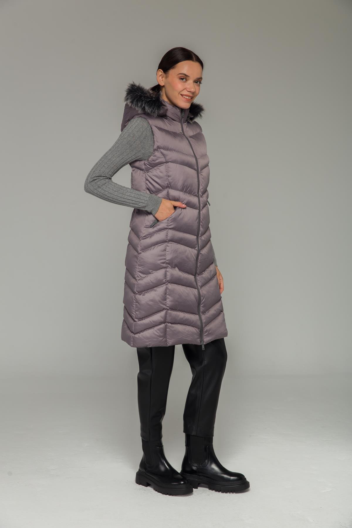 Kürklü Çıkabillir Kapüşonlu Şişme Yelek GRİ 8192