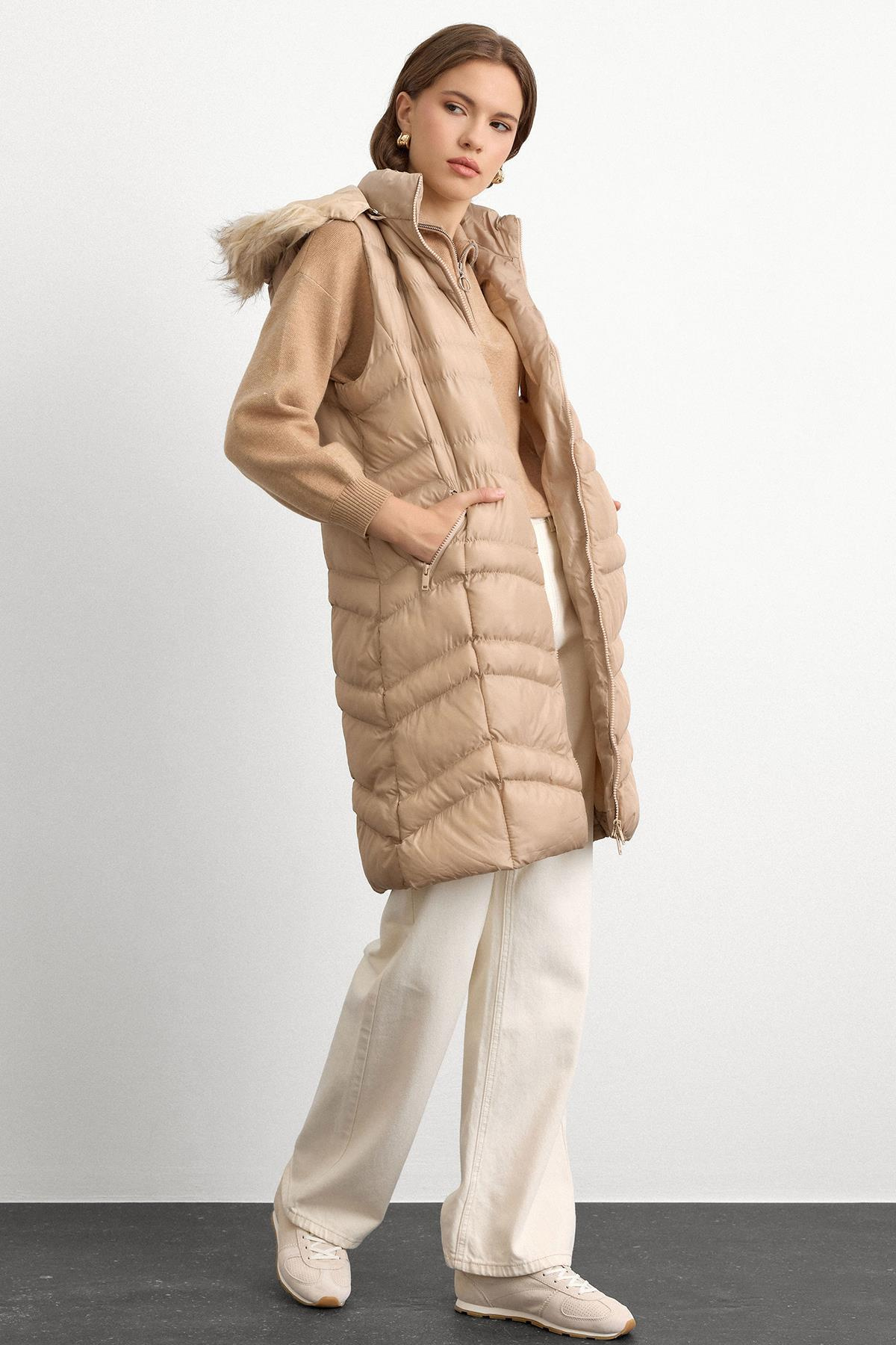 Furry Removable Hooded Puffer Vest STONE 8192