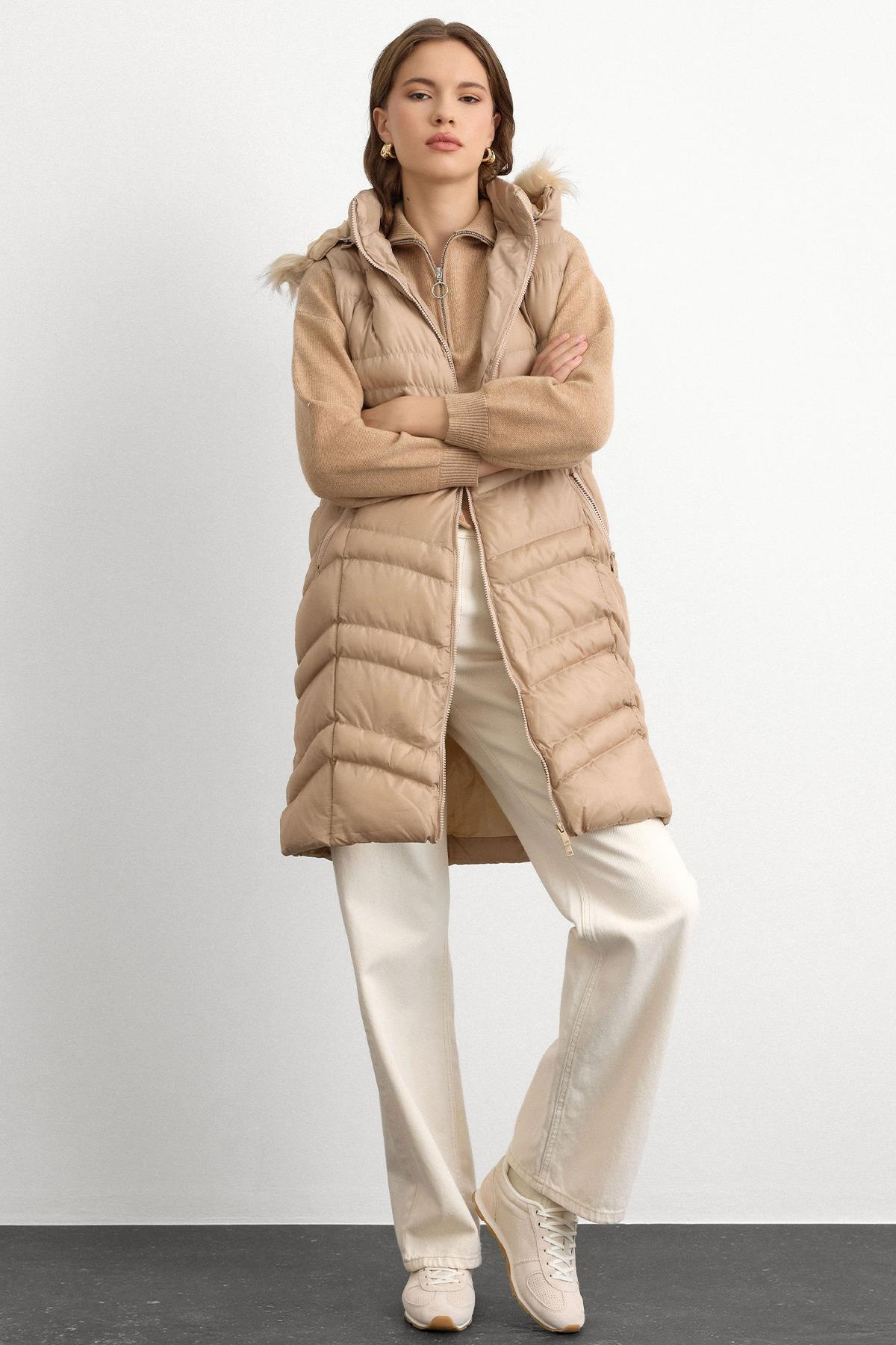 Furry Removable Hooded Puffer Vest STONE 8192