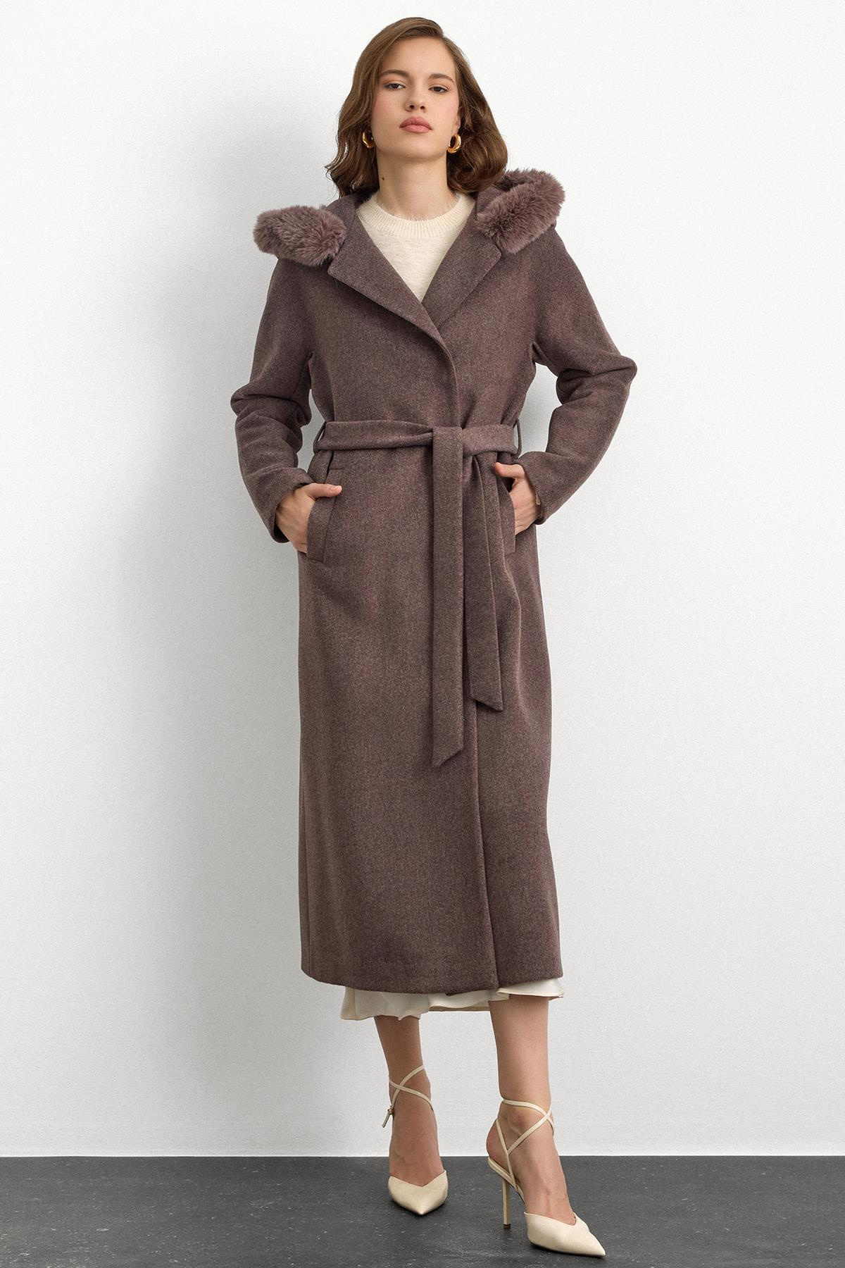 Furry Hooded Tied Waist Long Coat LATTE 3107