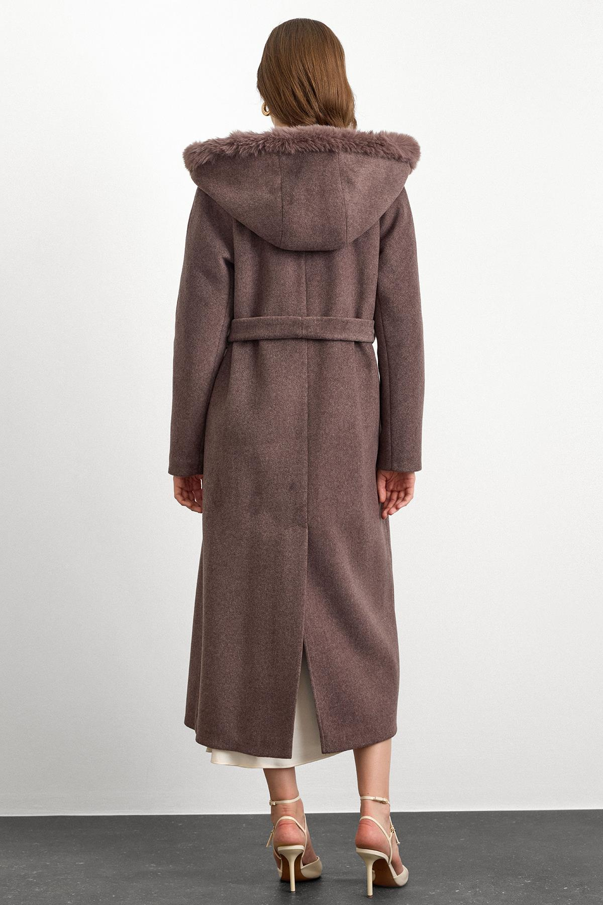 Furry Hooded Tied Waist Long Coat LATTE 3107