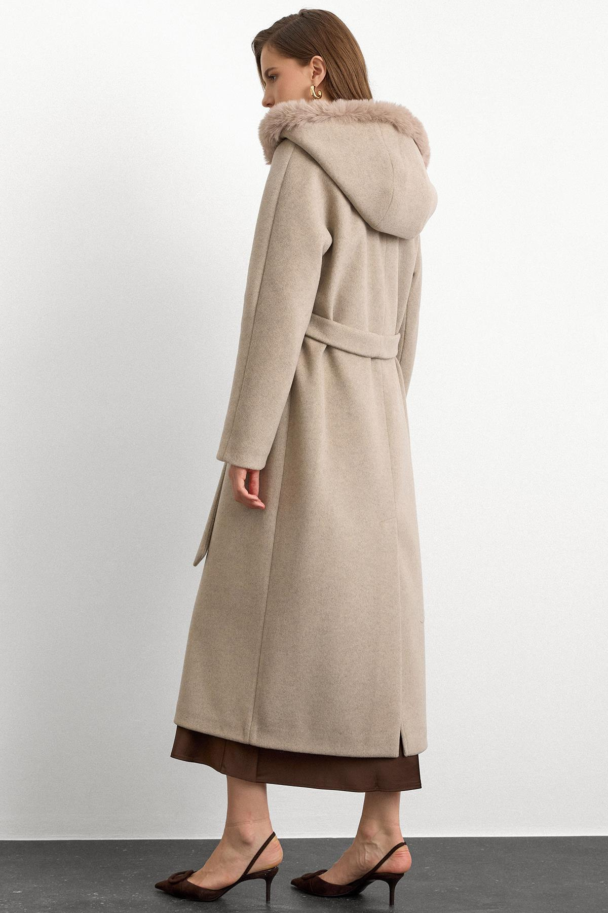 Furry Hooded Tied Waist Long Coat STONE 3107