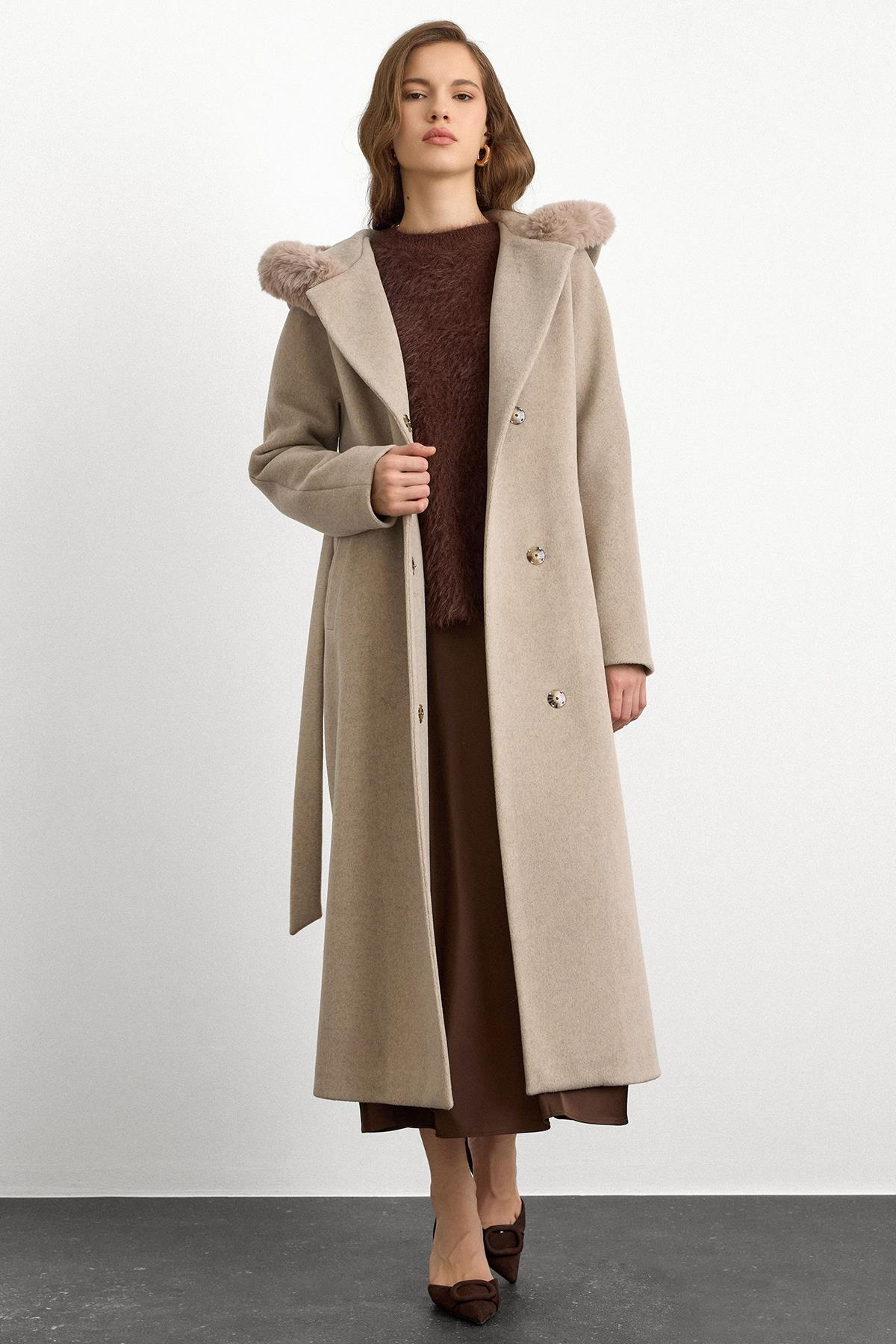 Furry Hooded Tied Waist Long Coat STONE 3107