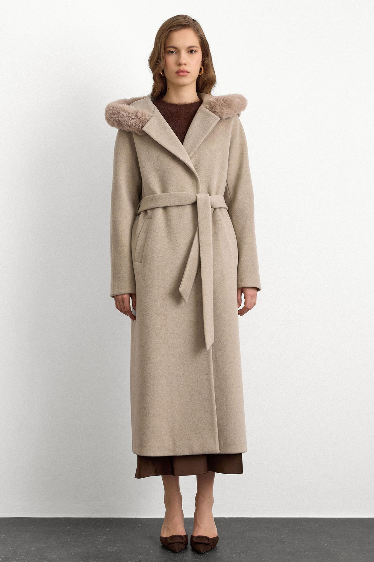 Furry Hooded Tied Waist Long Coat STONE 3107