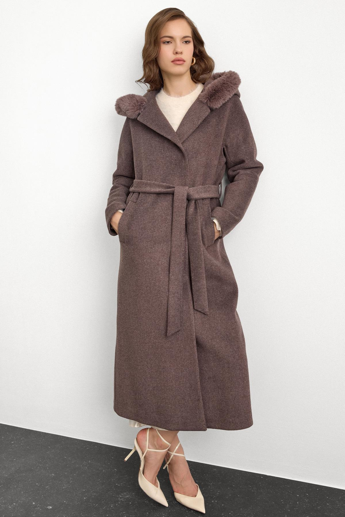Furry Hooded Tied Waist Long Coat LATTE 3107