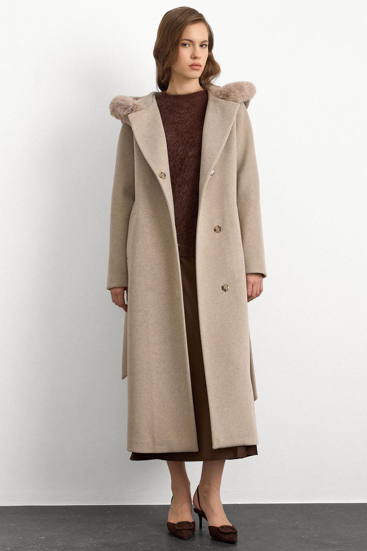 Furry Hooded Tied Waist Long Coat STONE 3107