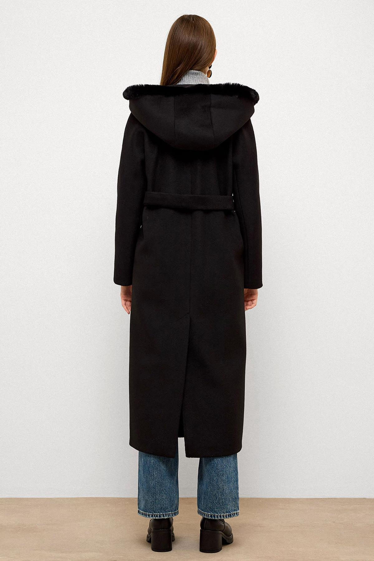Kürklü Kapüşonlu Beli Bağlamalı Uzun Kaban SİYAH 3107
