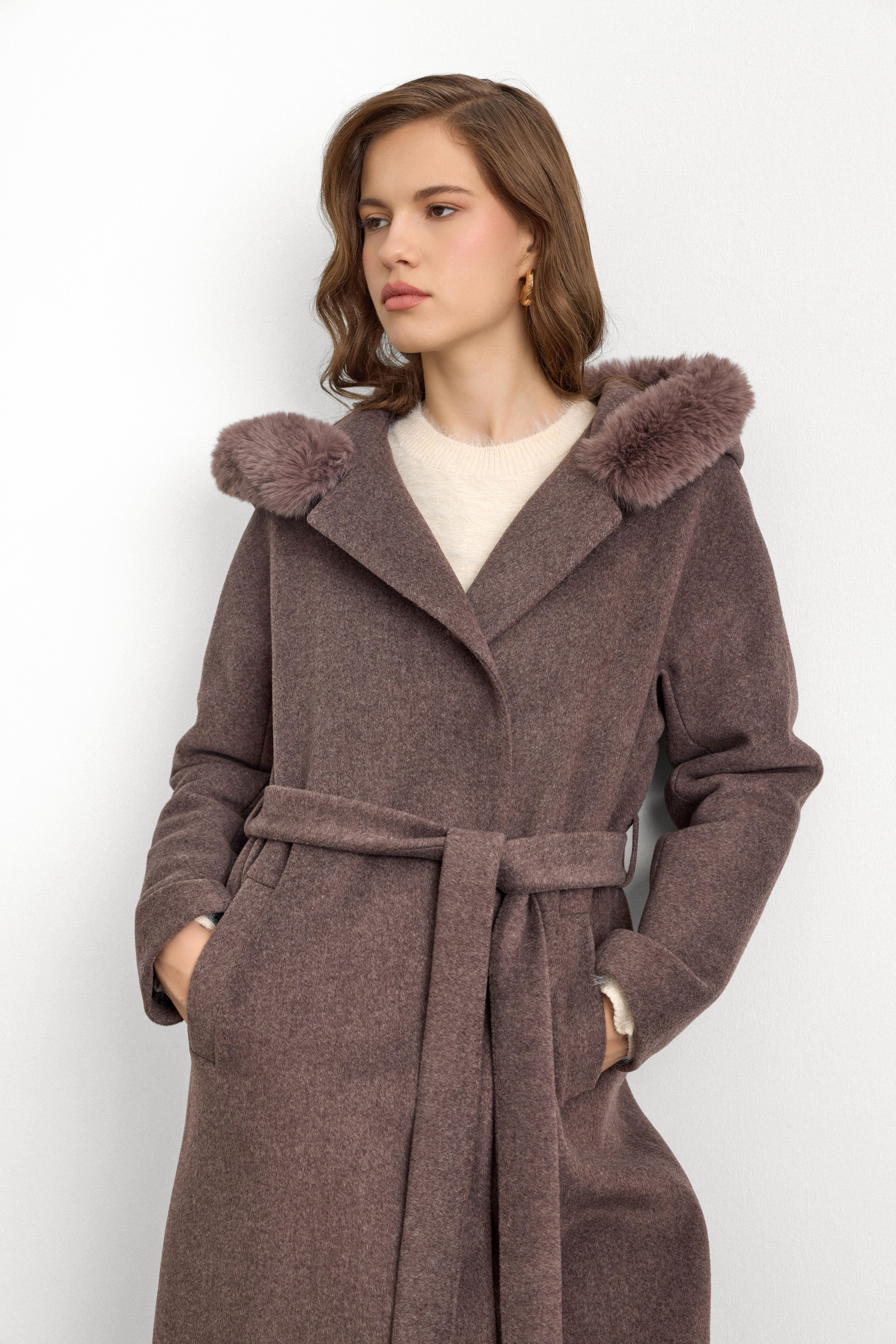 Furry Hooded Tied Waist Long Coat LATTE 3107
