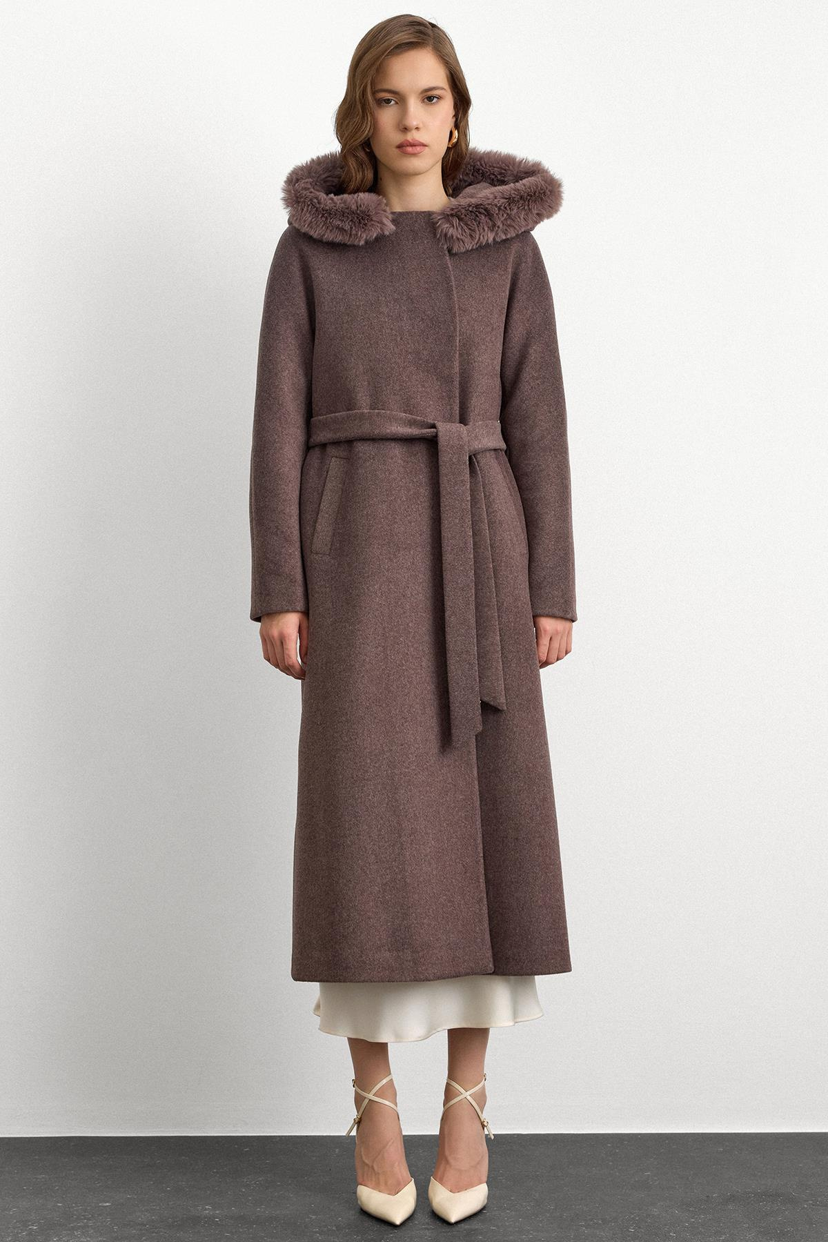 Furry Hooded Tied Waist Long Coat LATTE 3107
