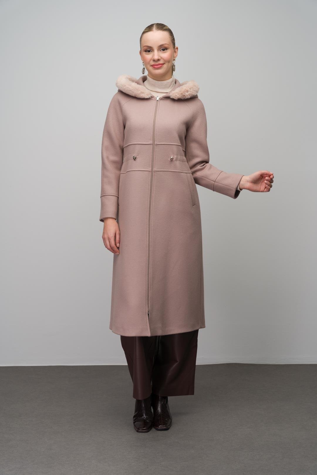 Kürklü Kapüşonlu Beli Büzgülü Yün Karışımlı Kap BEJ 6633