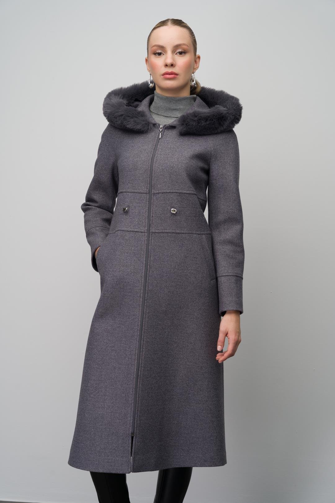 Fur-Lined Hooded Drawstring Waist Wool Blend Coat GREY 6633