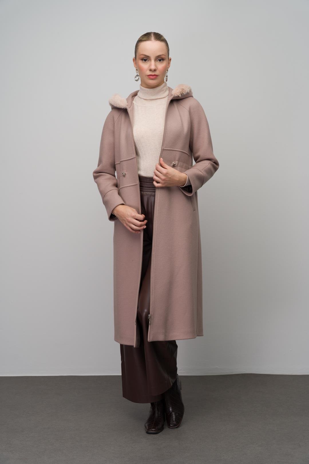 Kürklü Kapüşonlu Beli Büzgülü Yün Karışımlı Kap BEJ 6633