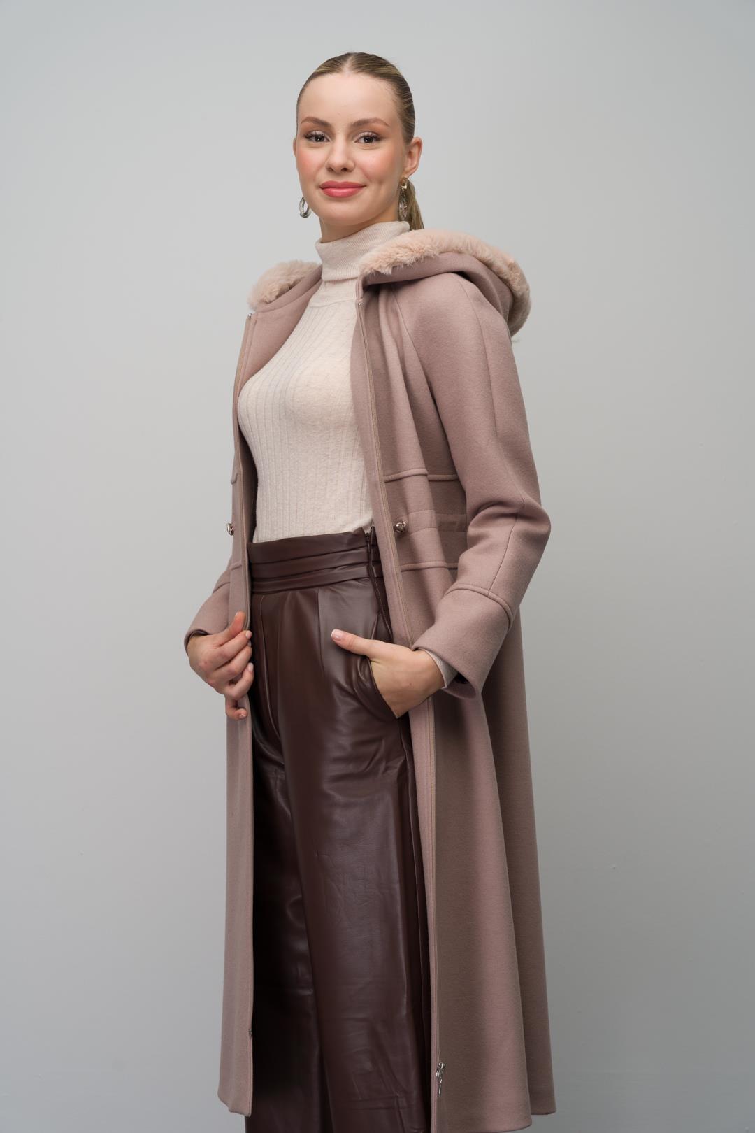 Kürklü Kapüşonlu Beli Büzgülü Yün Karışımlı Kap BEJ 6633