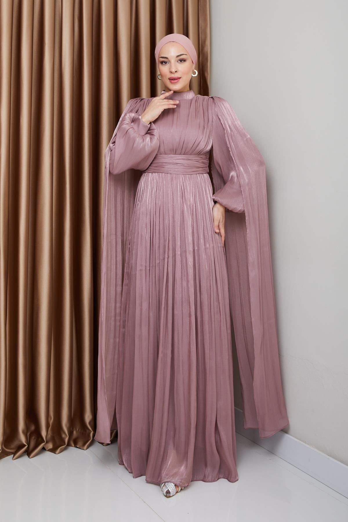 Kuşak ve Pelerin Detaylı Yorgo İpek Tesettür Abiye Elbise GÜL 1237