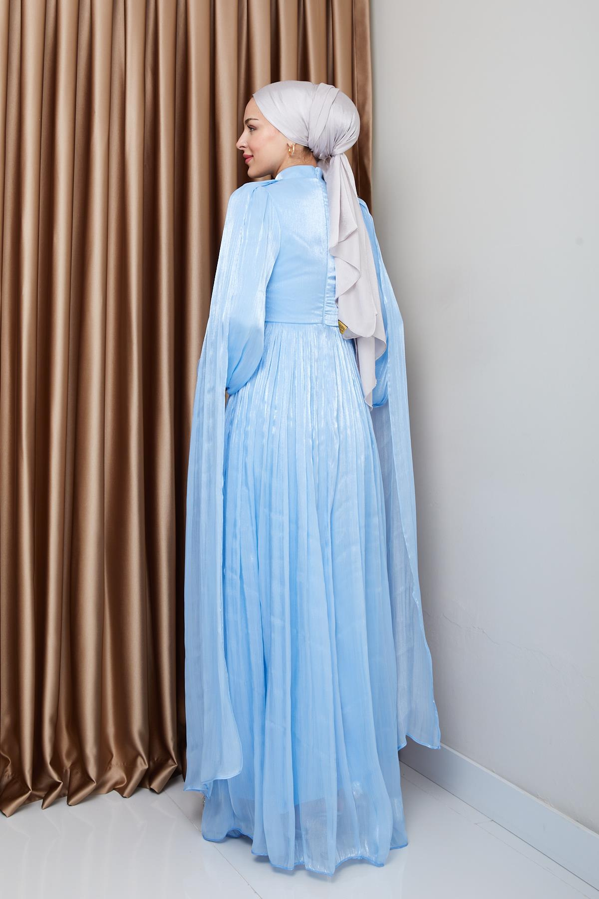 Kuşak ve Pelerin Detaylı Yorgo İpek Tesettür Abiye Elbise AÇIK MAVİ 1237