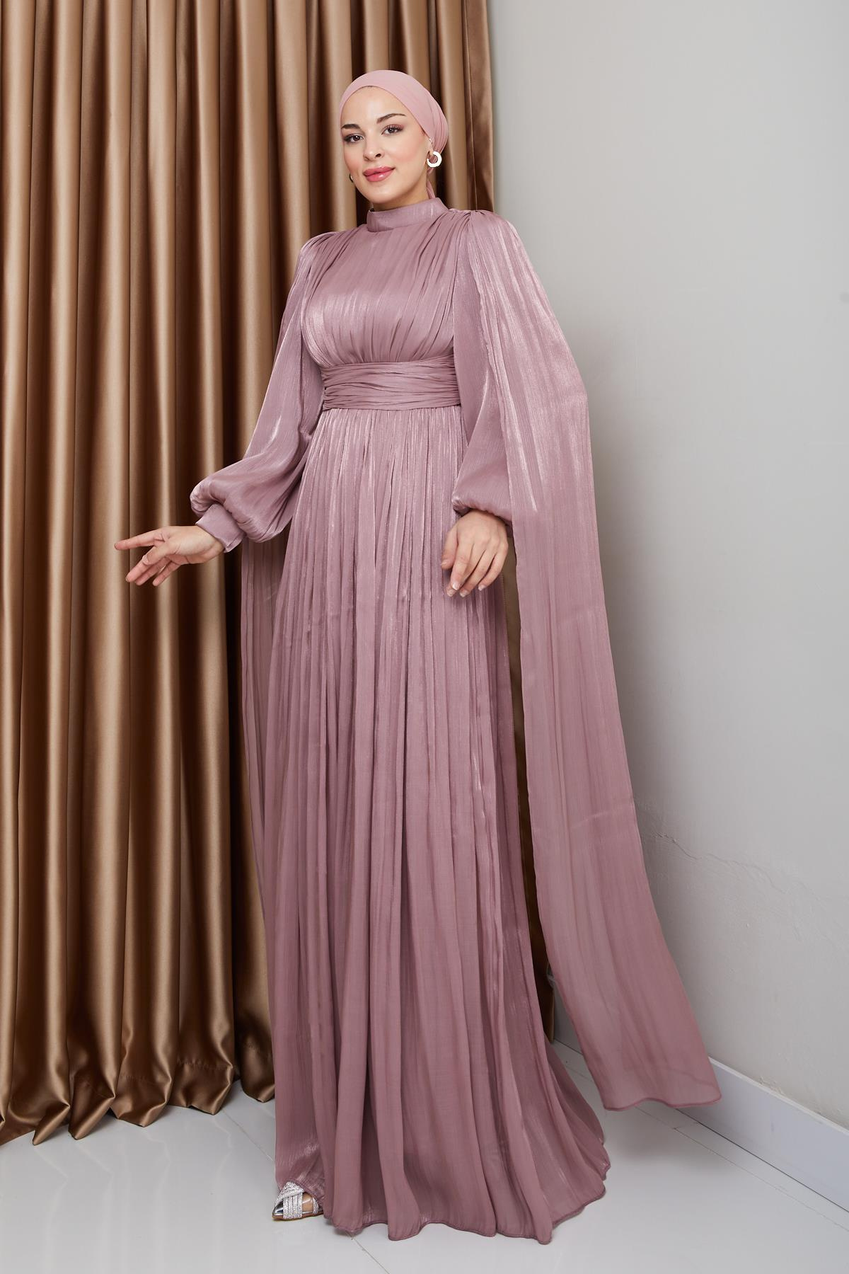 Kuşak ve Pelerin Detaylı Yorgo İpek Tesettür Abiye Elbise GÜL 1237