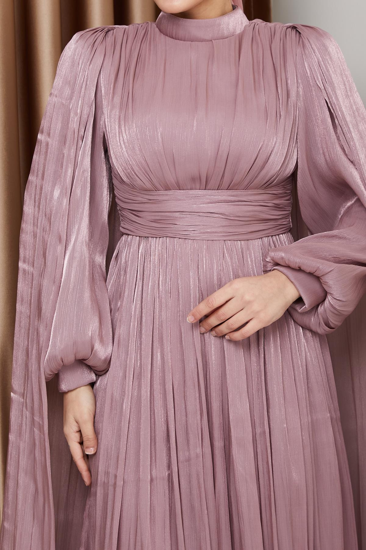 Kuşak ve Pelerin Detaylı Yorgo İpek Tesettür Abiye Elbise GÜL 1237