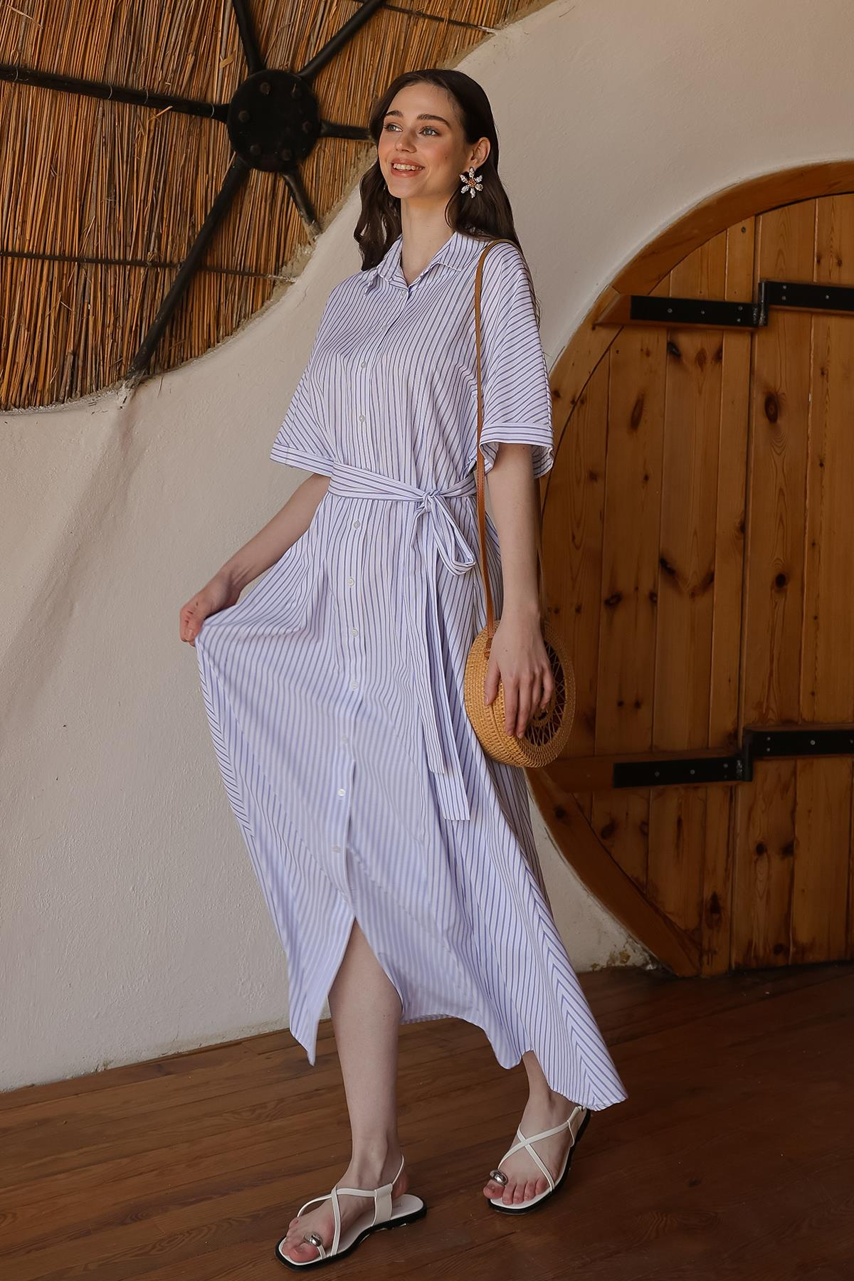 Kuşaklı Kısa Kollu Çizgili Poplin Elbise BEYAZ 9317-E