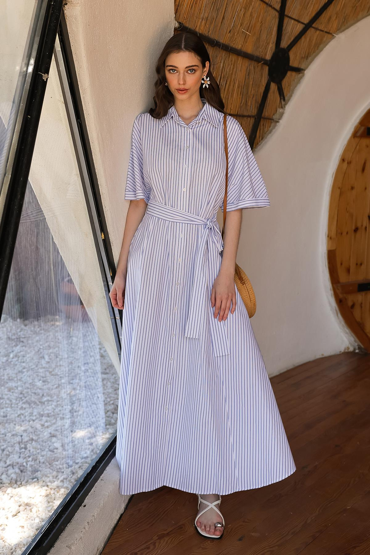 Kuşaklı Kısa Kollu Çizgili Poplin Elbise BEYAZ 9317-E