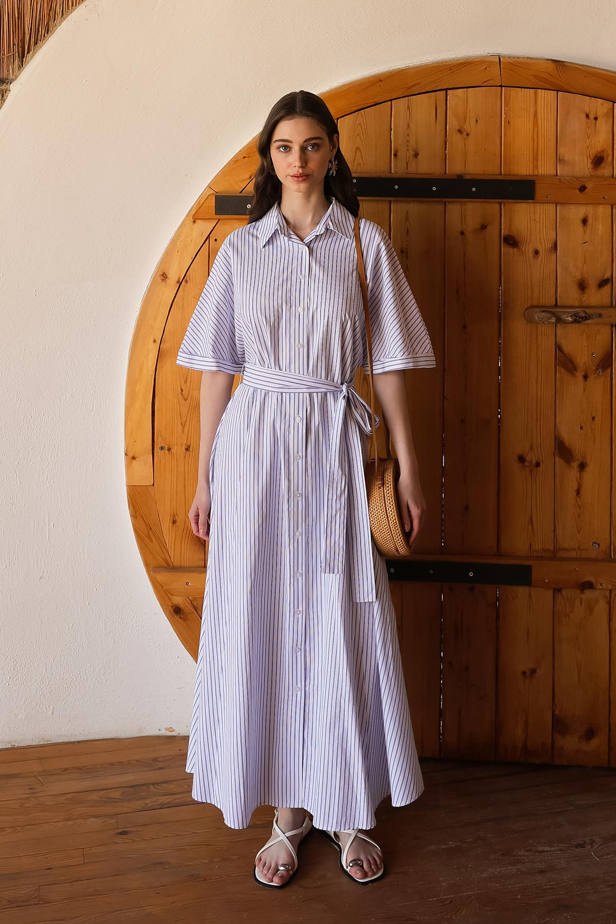 Kuşaklı Kısa Kollu Çizgili Poplin Elbise BEYAZ 9317-E