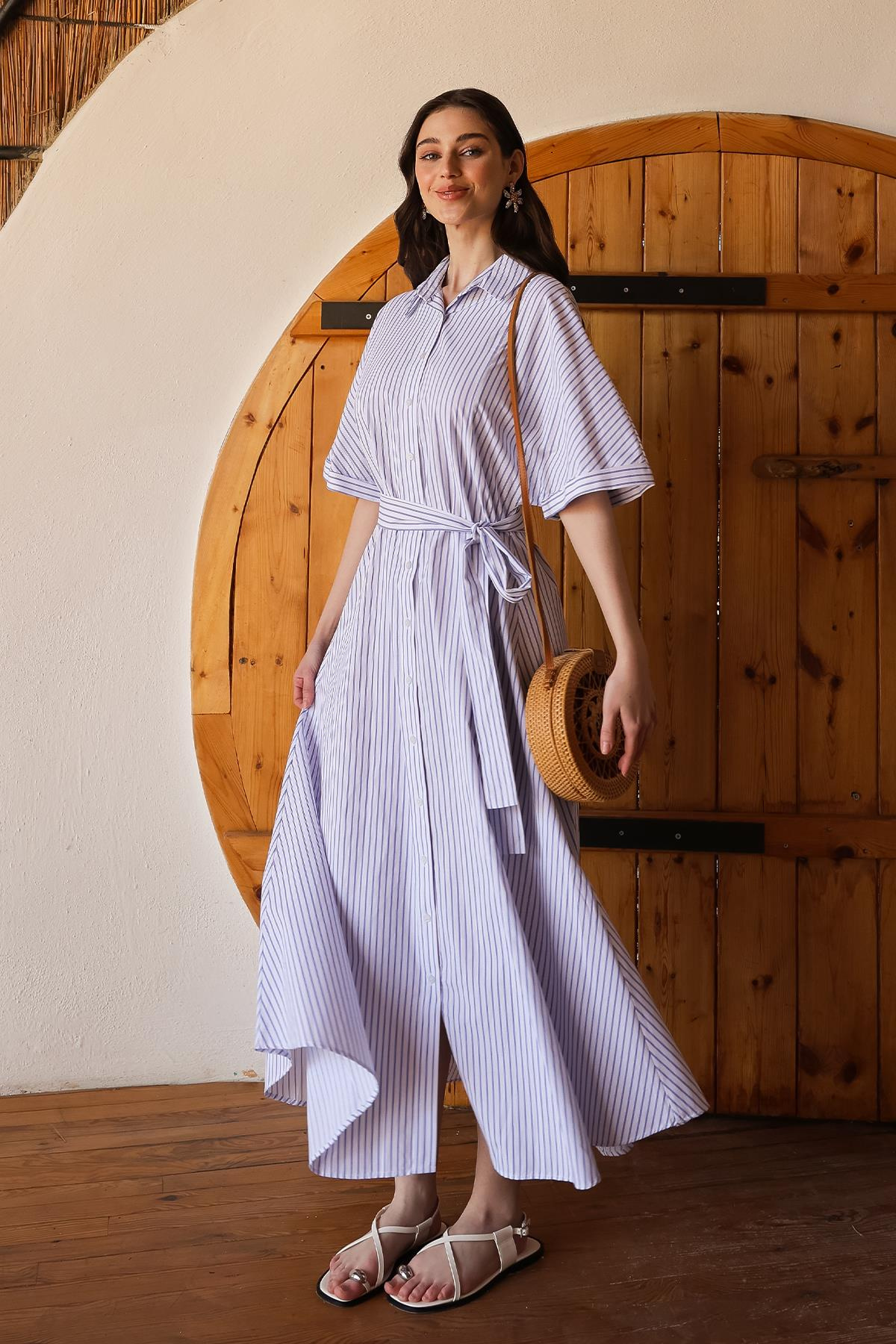 Kuşaklı Kısa Kollu Çizgili Poplin Elbise BEYAZ 9317-E