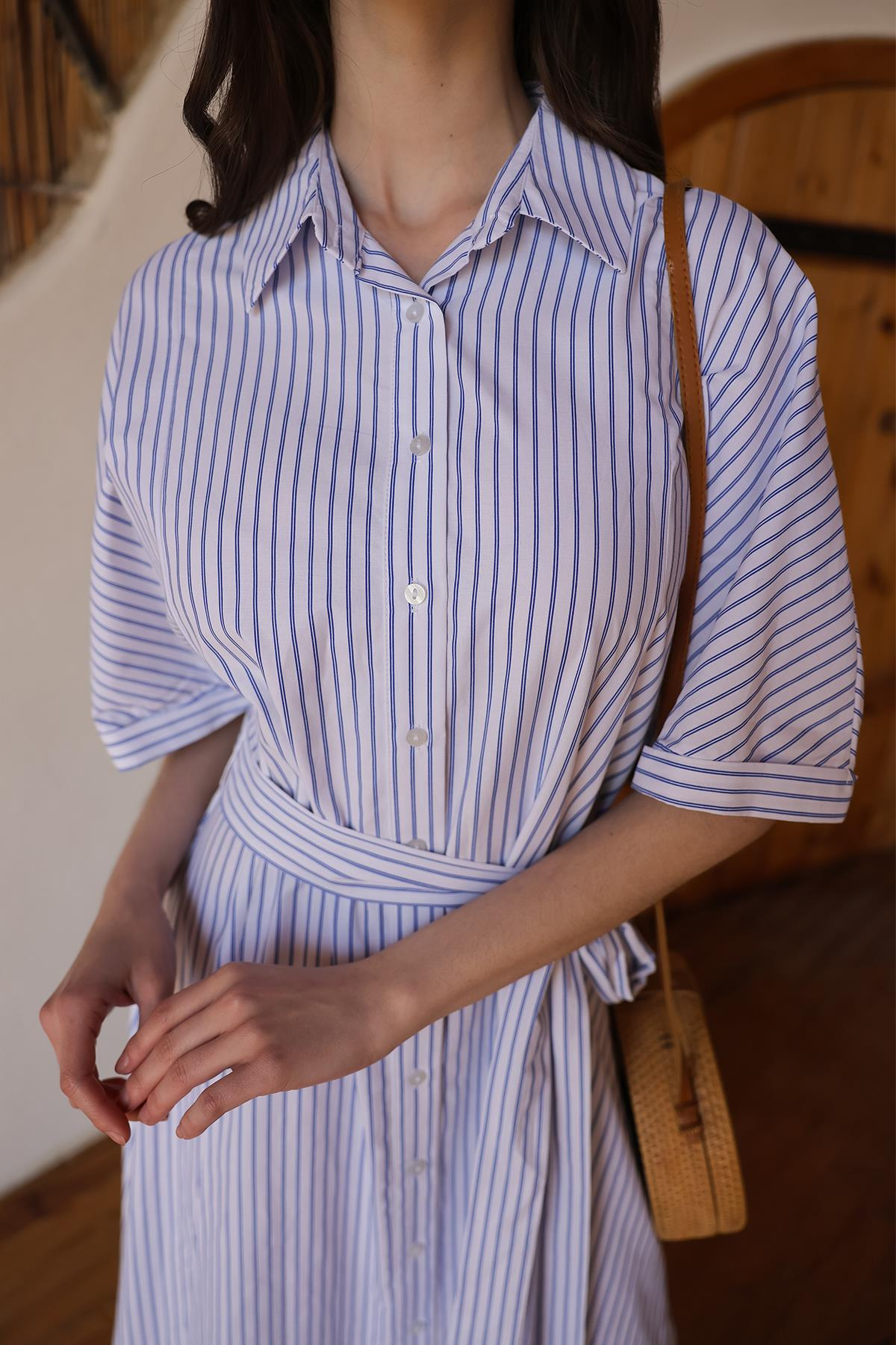 Kuşaklı Kısa Kollu Çizgili Poplin Elbise BEYAZ 9317-E