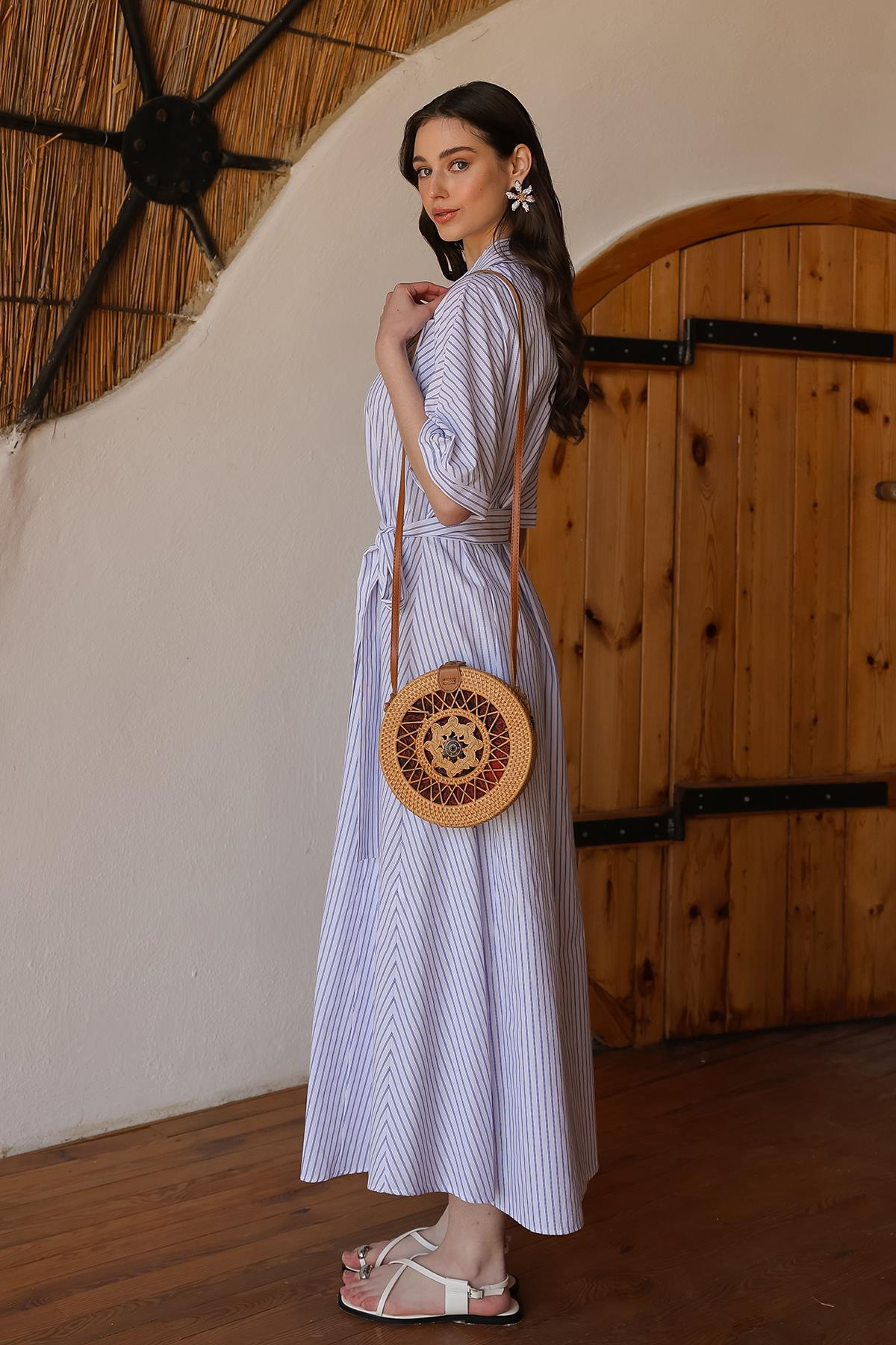 Kuşaklı Kısa Kollu Çizgili Poplin Elbise BEYAZ 9317-E