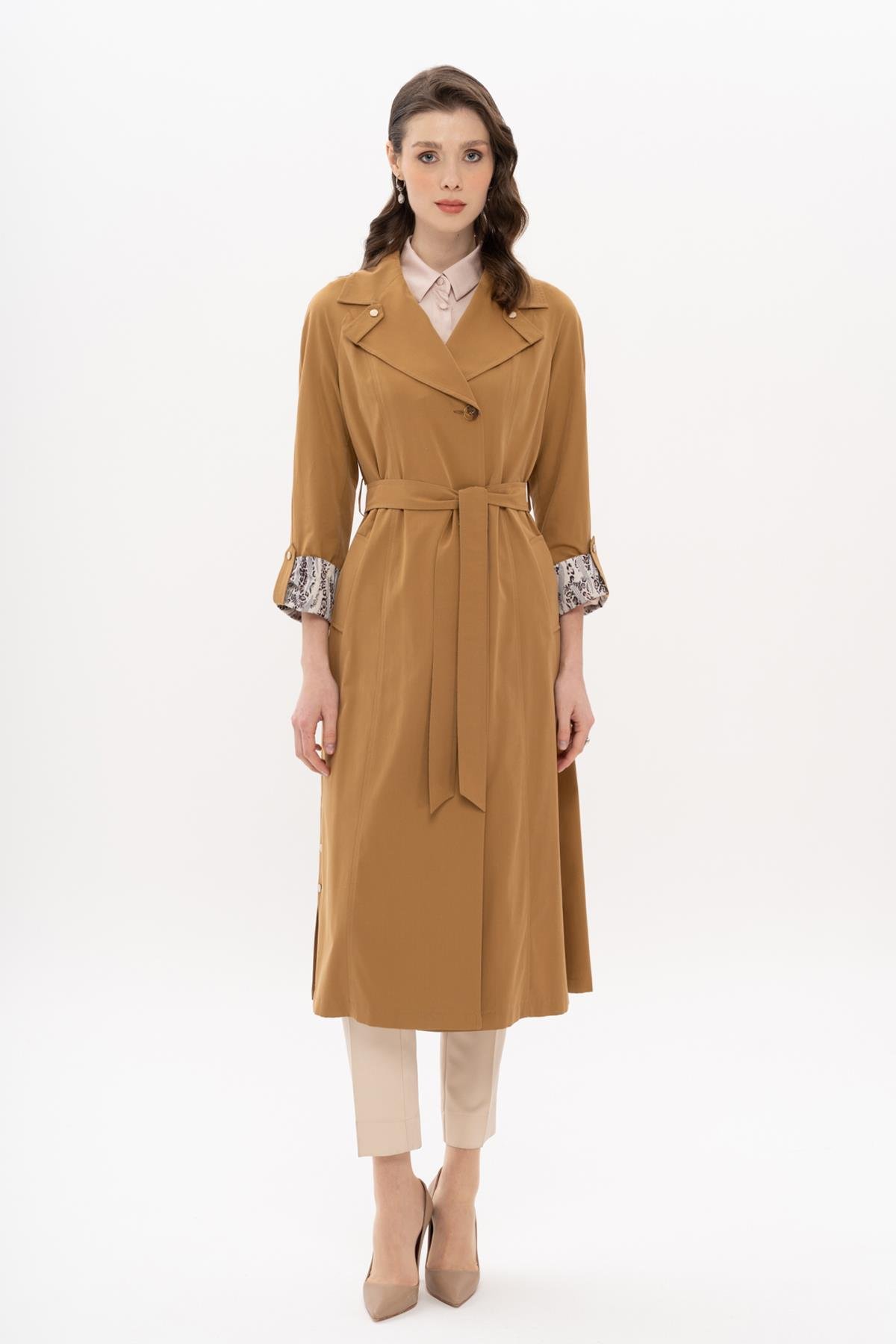 Half-Lined Trench Coat with Leopard Pattern Detail CAMEL 6713