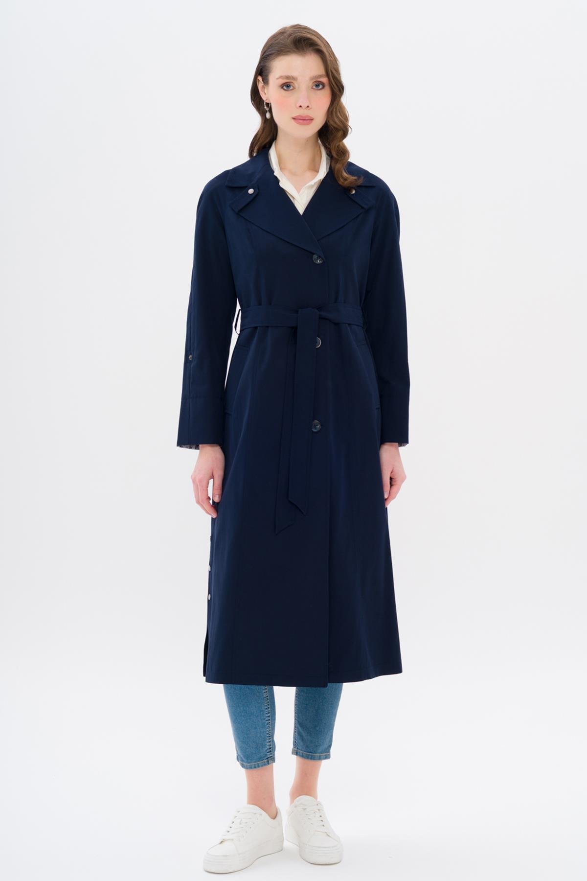 Half-Lined Trench Coat with Leopard Pattern Detail NAVY 6713