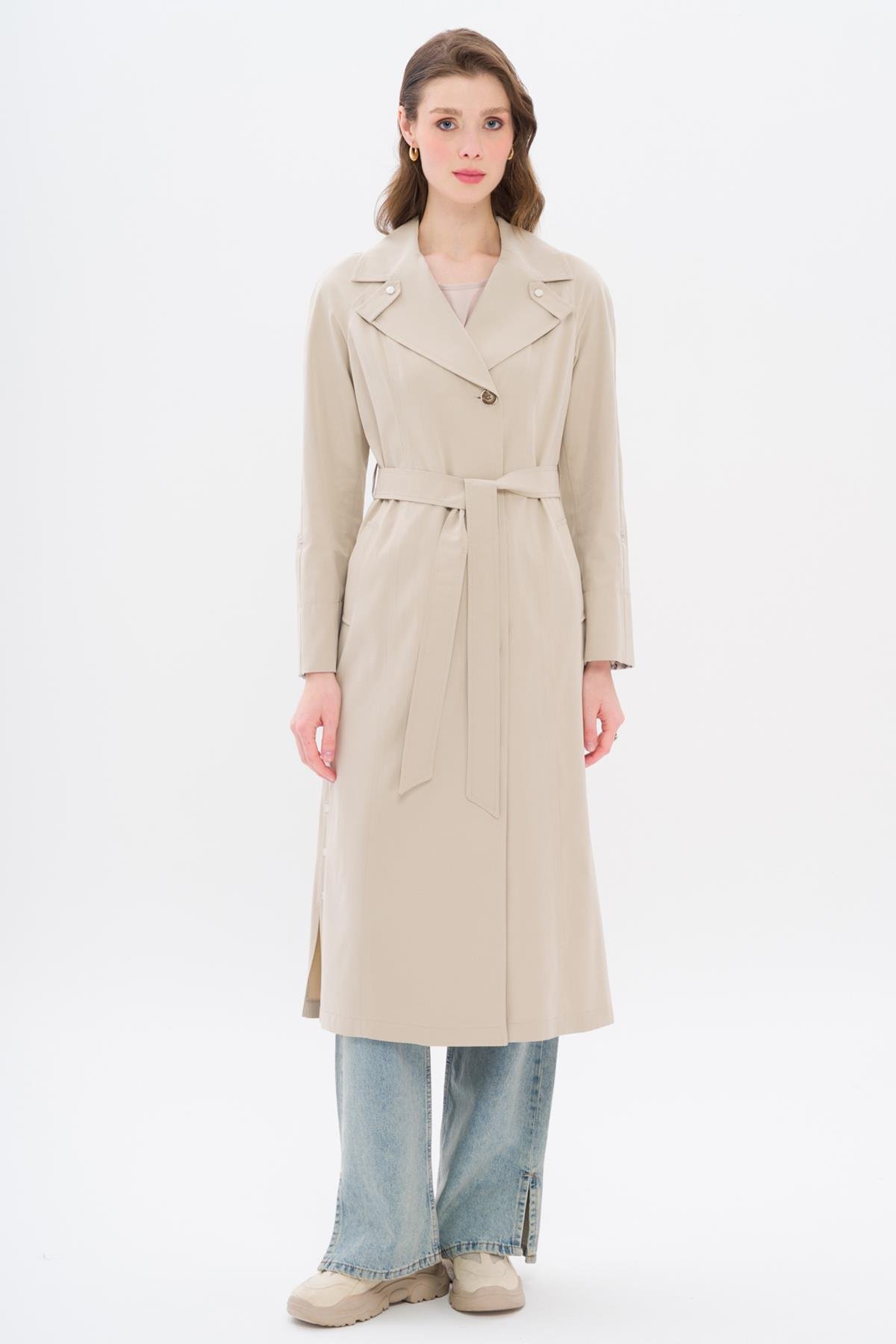 Half-Lined Trench Coat with Leopard Pattern Detail STONE 6713