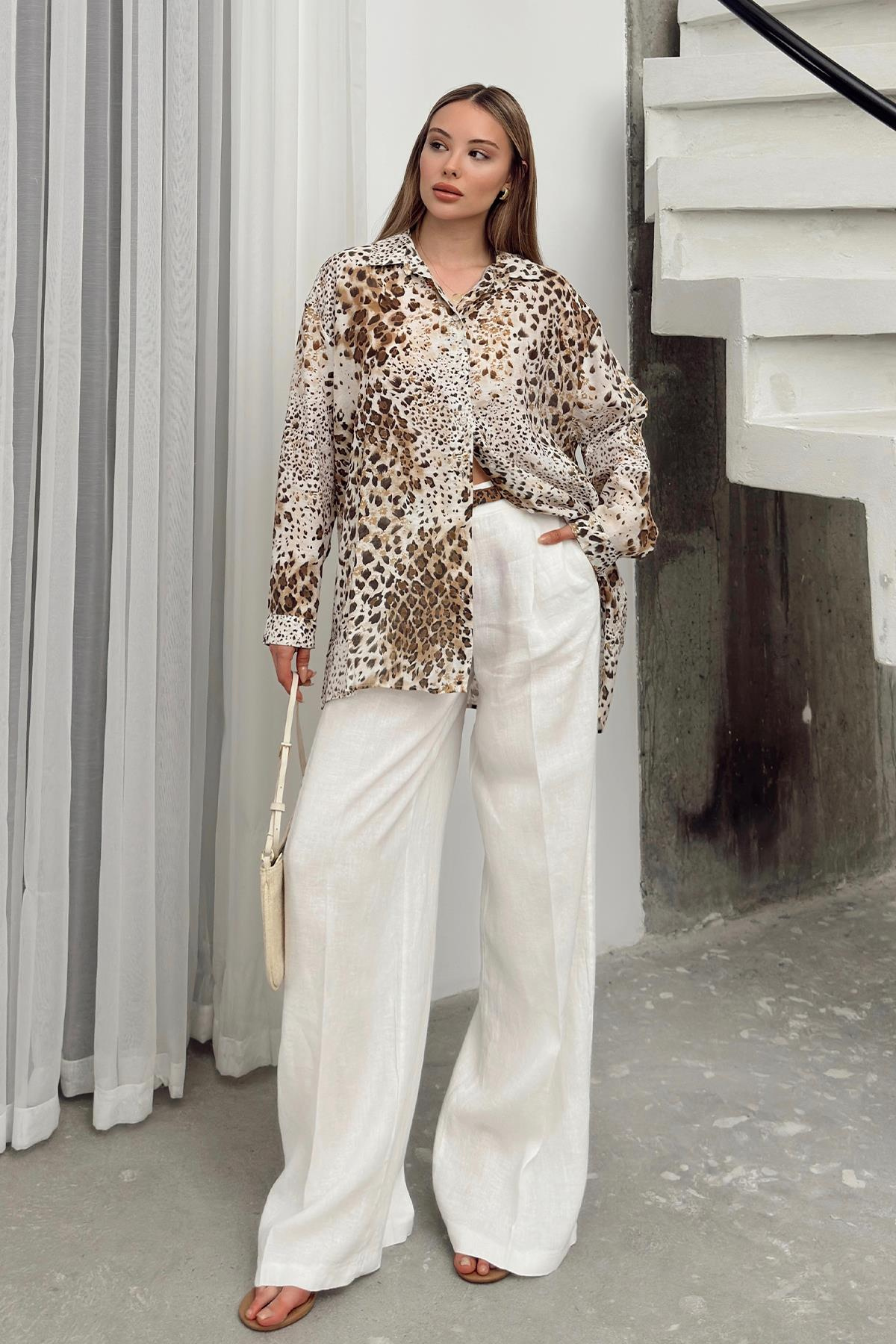 Leopar Desenli Salaş gömlek KAHVE 9321