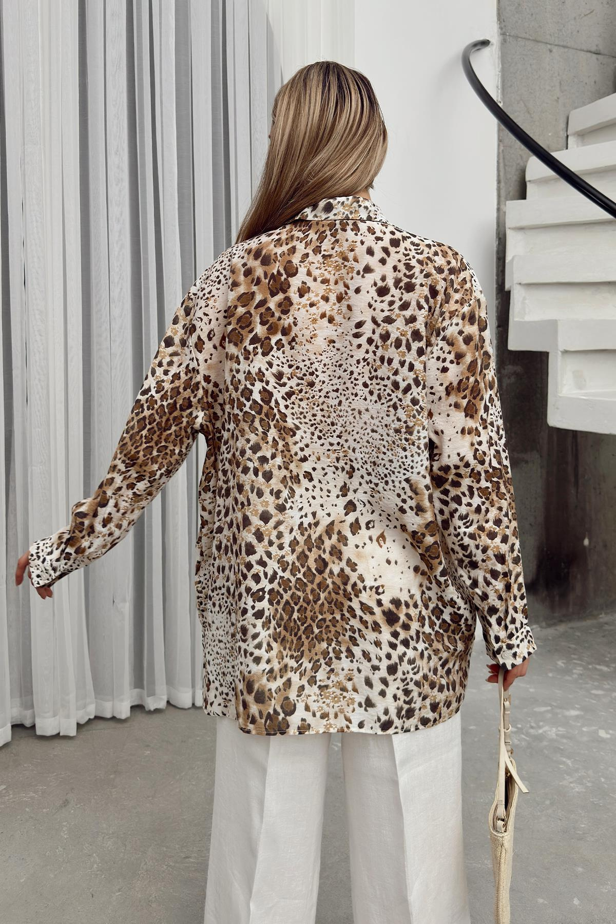 Leopar Desenli Salaş gömlek KAHVE 9321