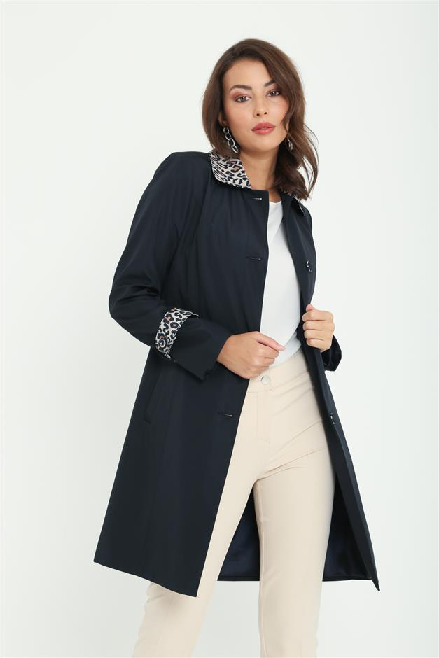 Leopar Garnili Belden Kuşaklı Trençkot LACİVERT 4253