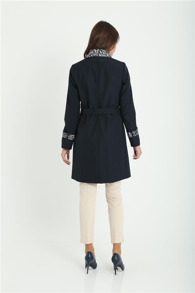 Leopar Garnili Belden Kuşaklı Trençkot LACİVERT 4253