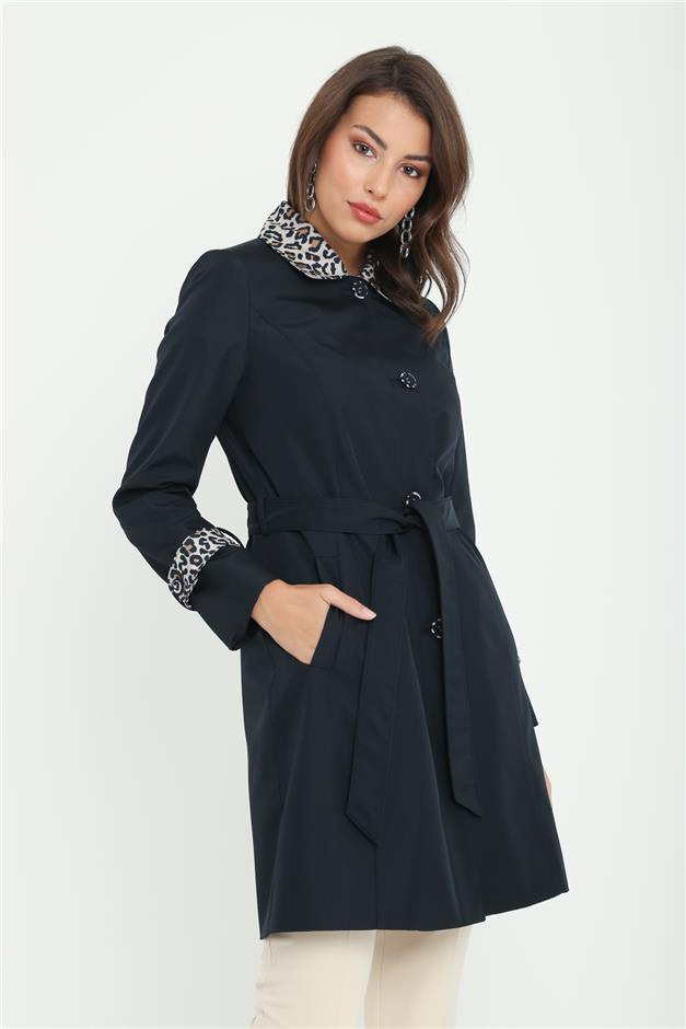 Leopar Garnili Belden Kuşaklı Trençkot LACİVERT 4253