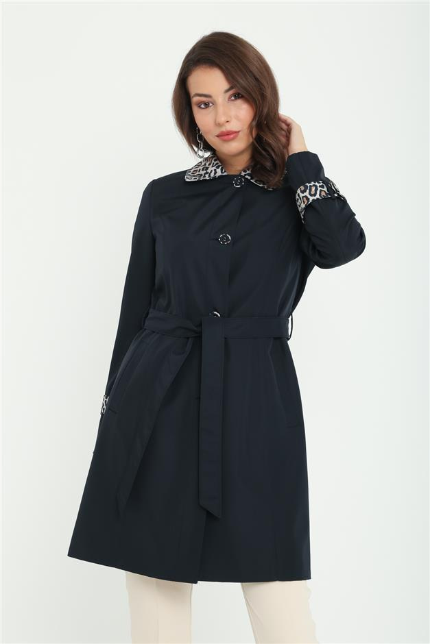 Leopar Garnili Belden Kuşaklı Trençkot LACİVERT 4253