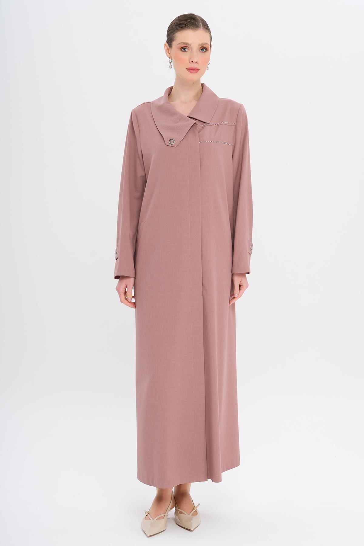 Mendil Yaka Desen ve Taş Detaylı Astarsız Büyük Beden Pardesü GÜL KURUSU 6714