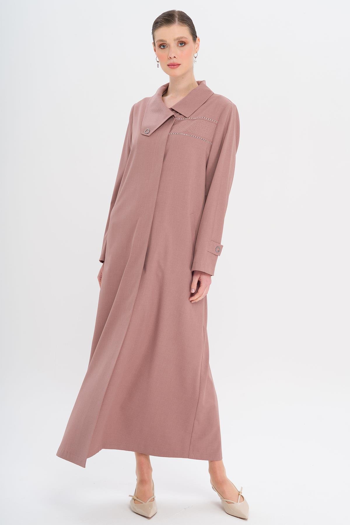 Mendil Yaka Desen ve Taş Detaylı Astarsız Büyük Beden Pardesü GÜL KURUSU 6714