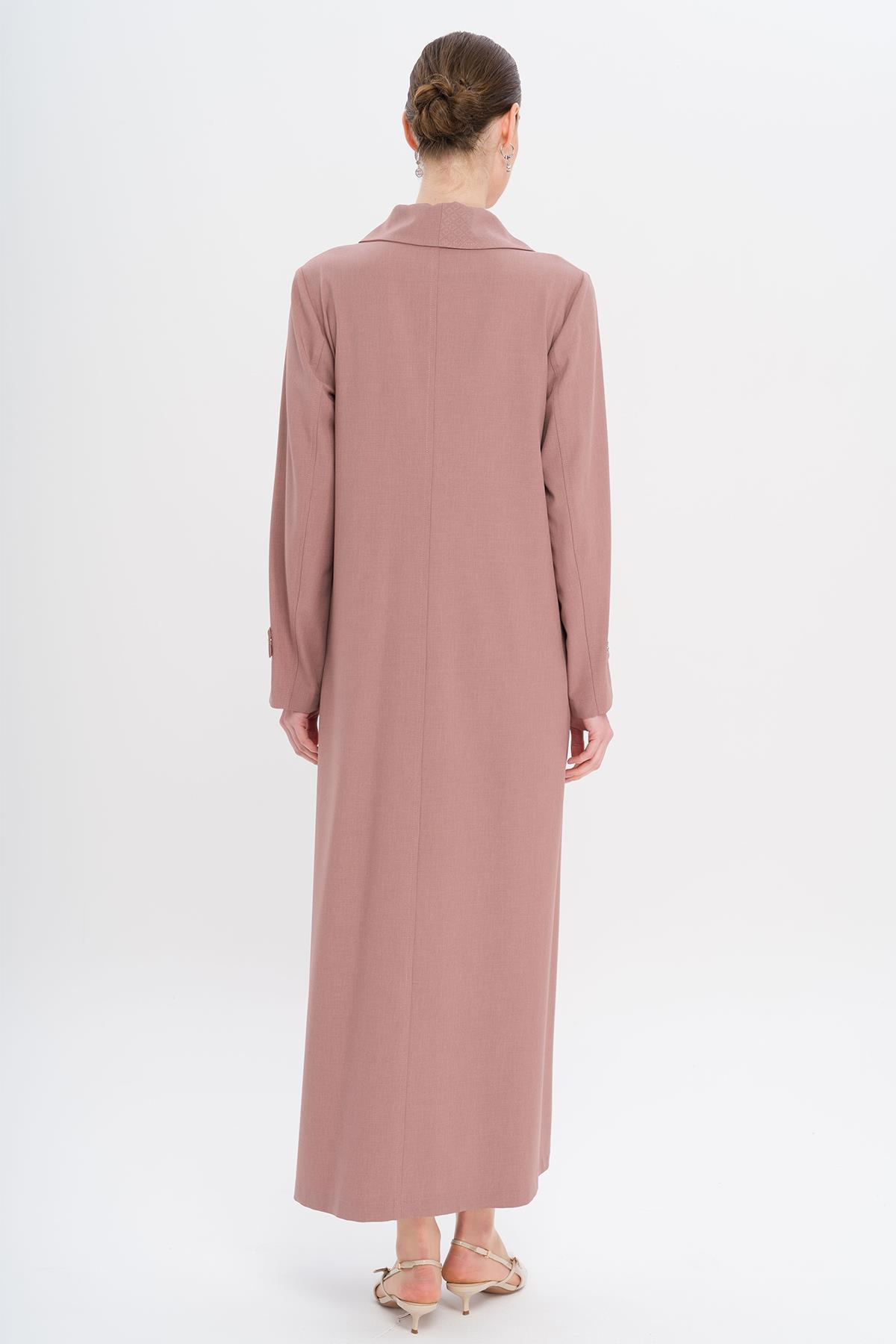 Mendil Yaka Desen ve Taş Detaylı Astarsız Büyük Beden Pardesü GÜL KURUSU 6714