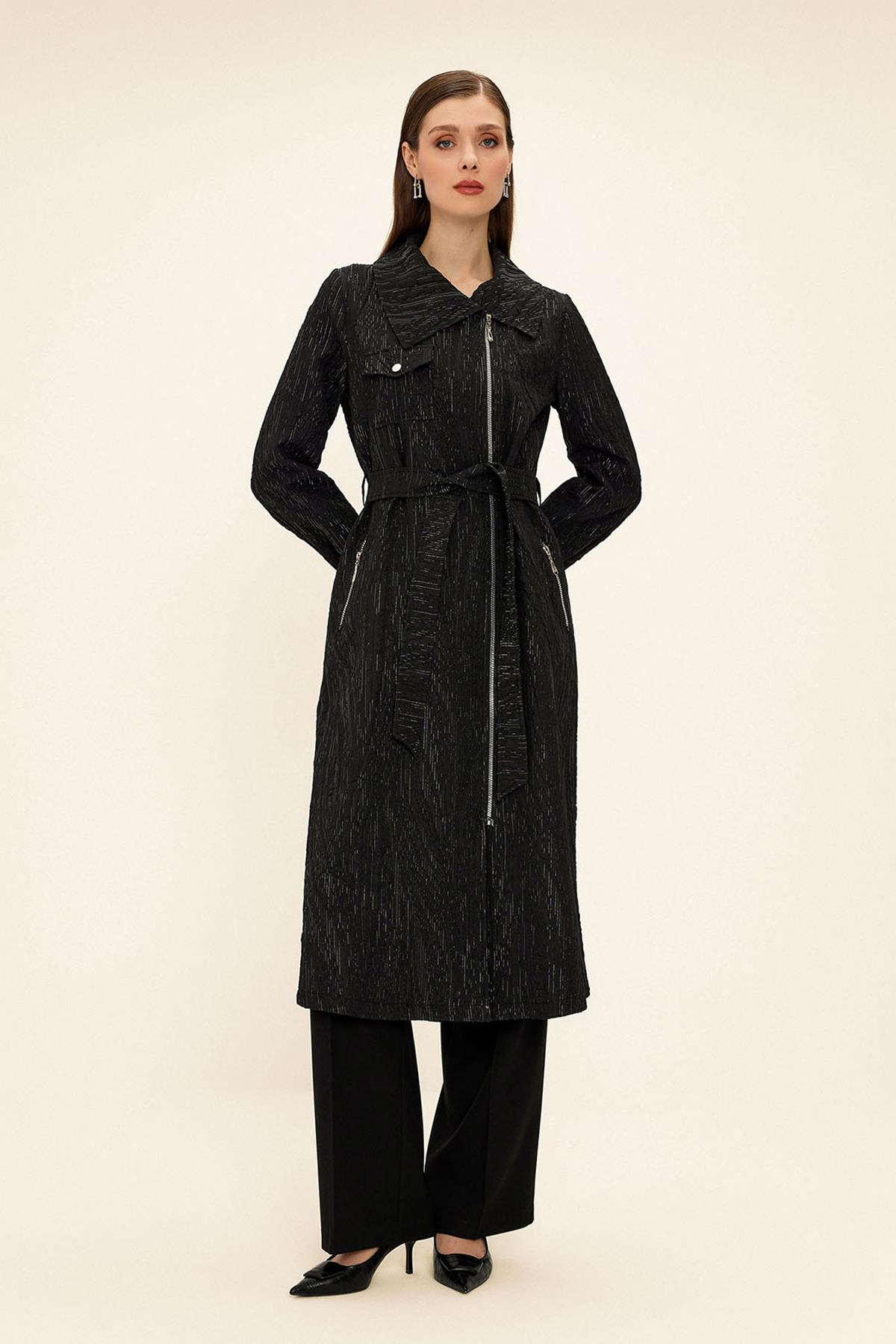 Pocket Collar Zipper Closure Glittery Jacquard Patterned Unlined Coat BLACK 6740