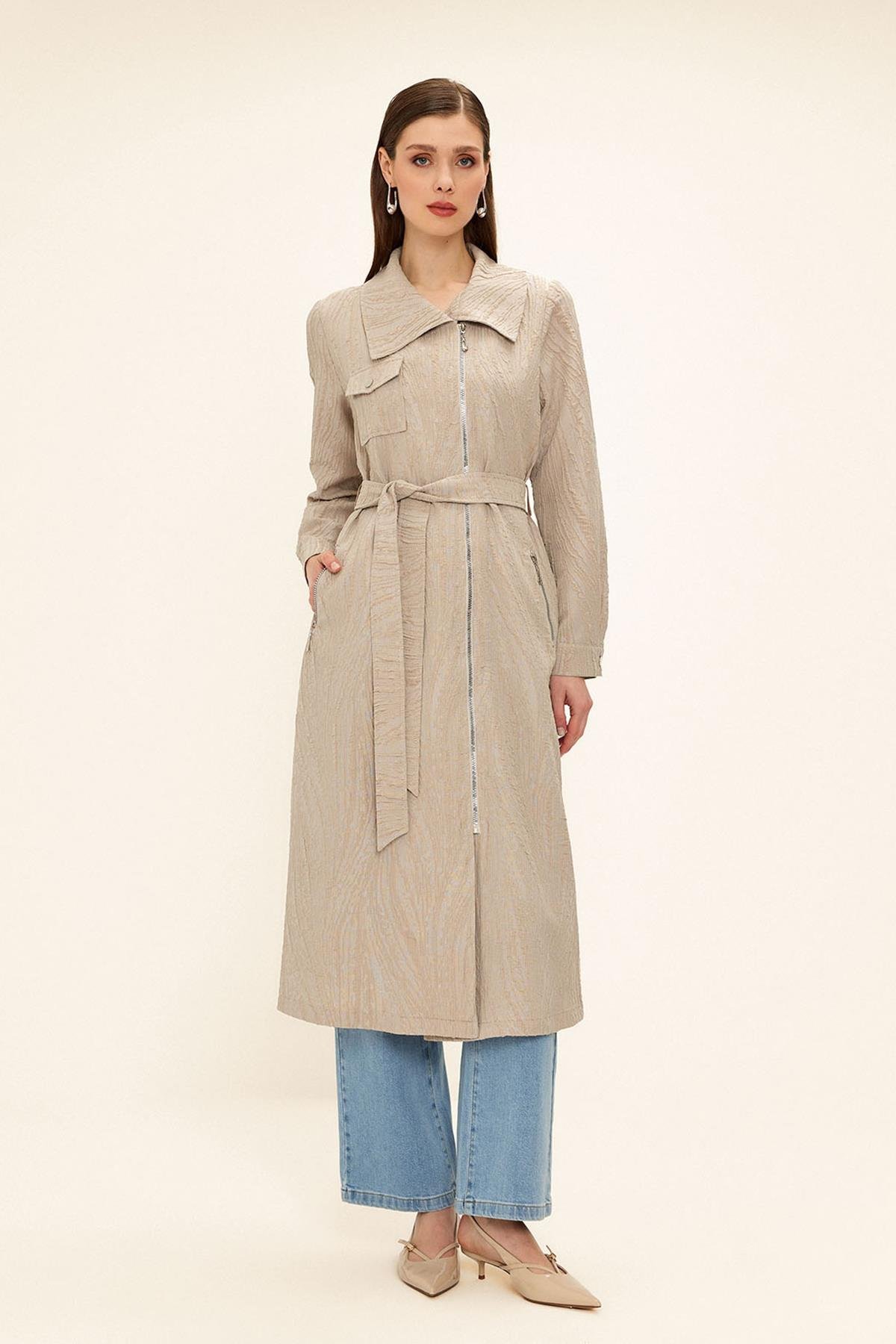 Pocket Collar Zipper Closure Glittery Jacquard Patterned Unlined Coat STONE 6740