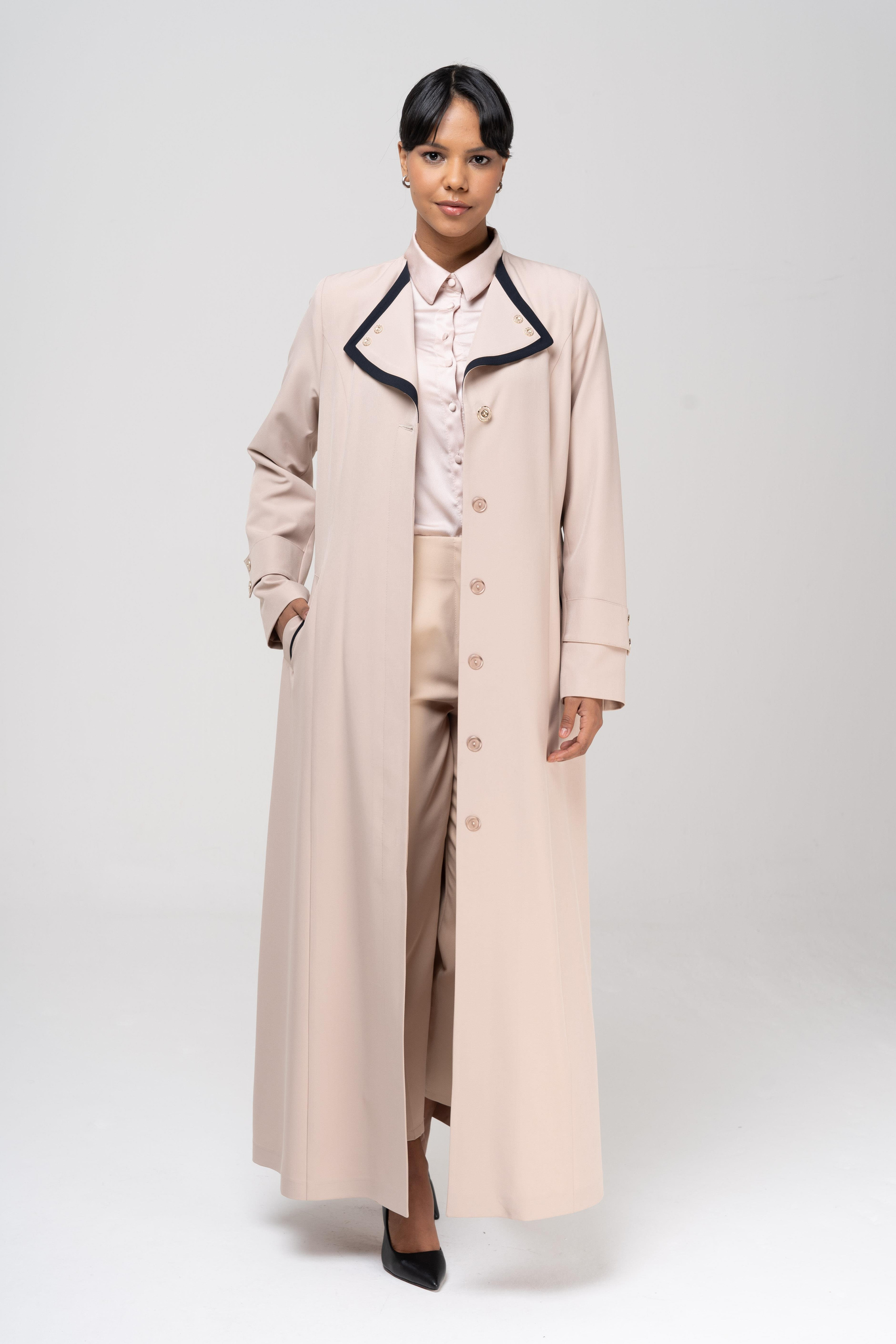 Mendil Yaka Garni ve Kemer Detaylı Astarlı Pardesü BEJ 6549