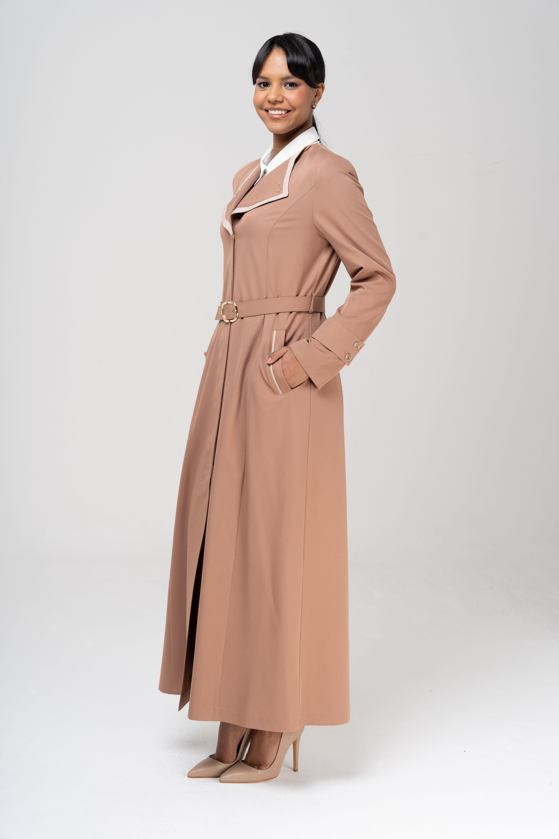 Mendil Yaka Garni ve Kemer Detaylı Astarlı Pardesü KAMEL 6549