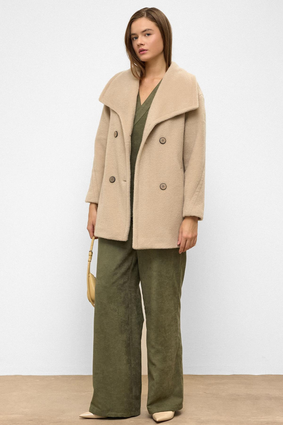 Mendil Yaka Kruvaze Geniş Kesim Kaban KOYU BEJ 3129