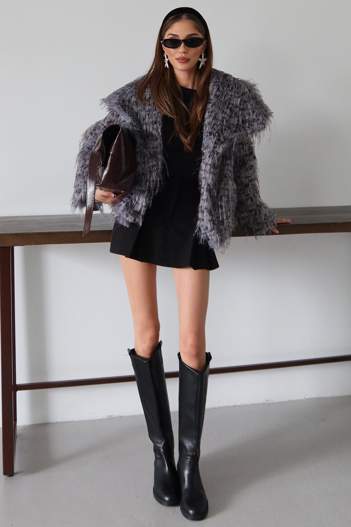 Mendil Yaka Saçaklı Leopar Desen Suni Kürk Ceket GRİ 1017