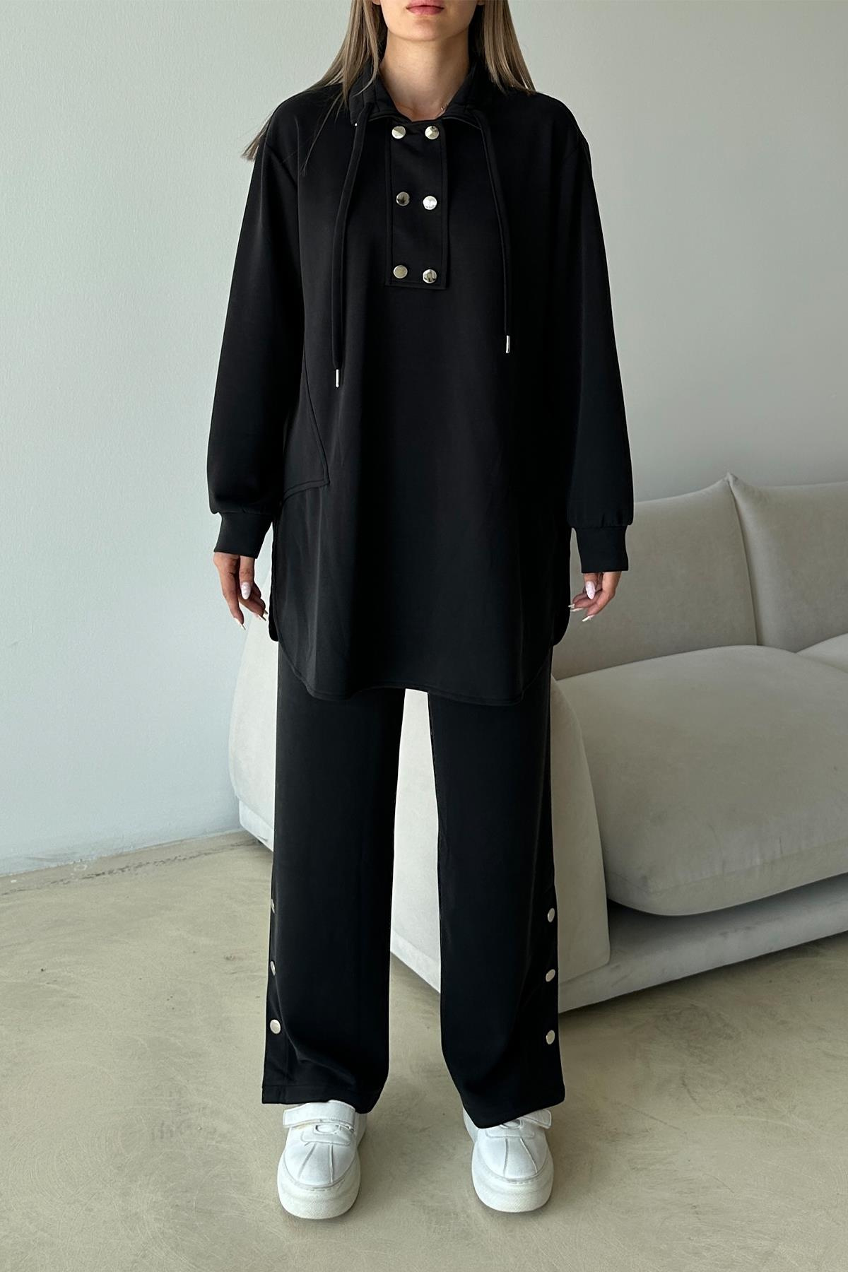 Metal Aksesuarlı Premium Kumaş Salaş Sweat Pantolon Takım SİYAH 9372-TK