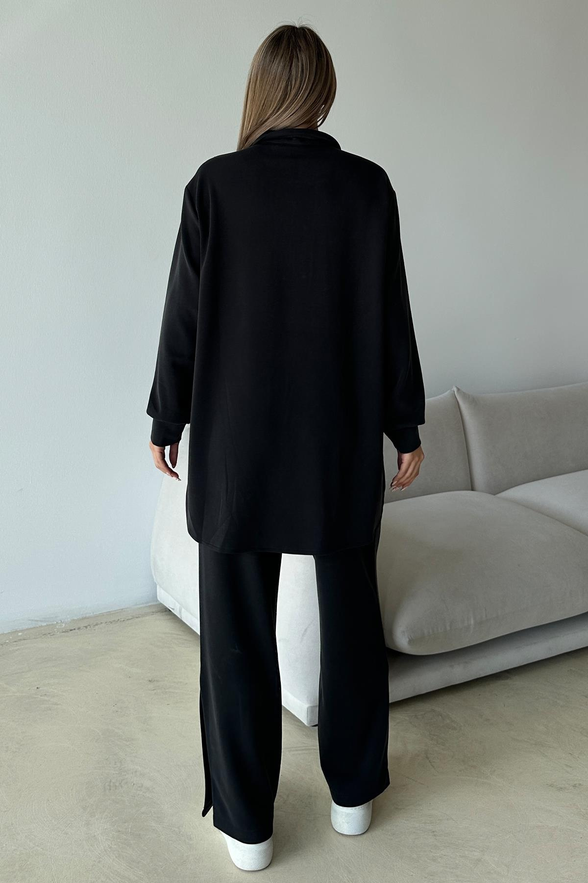 Metal Aksesuarlı Premium Kumaş Salaş Sweat Pantolon Takım SİYAH 9372-TK